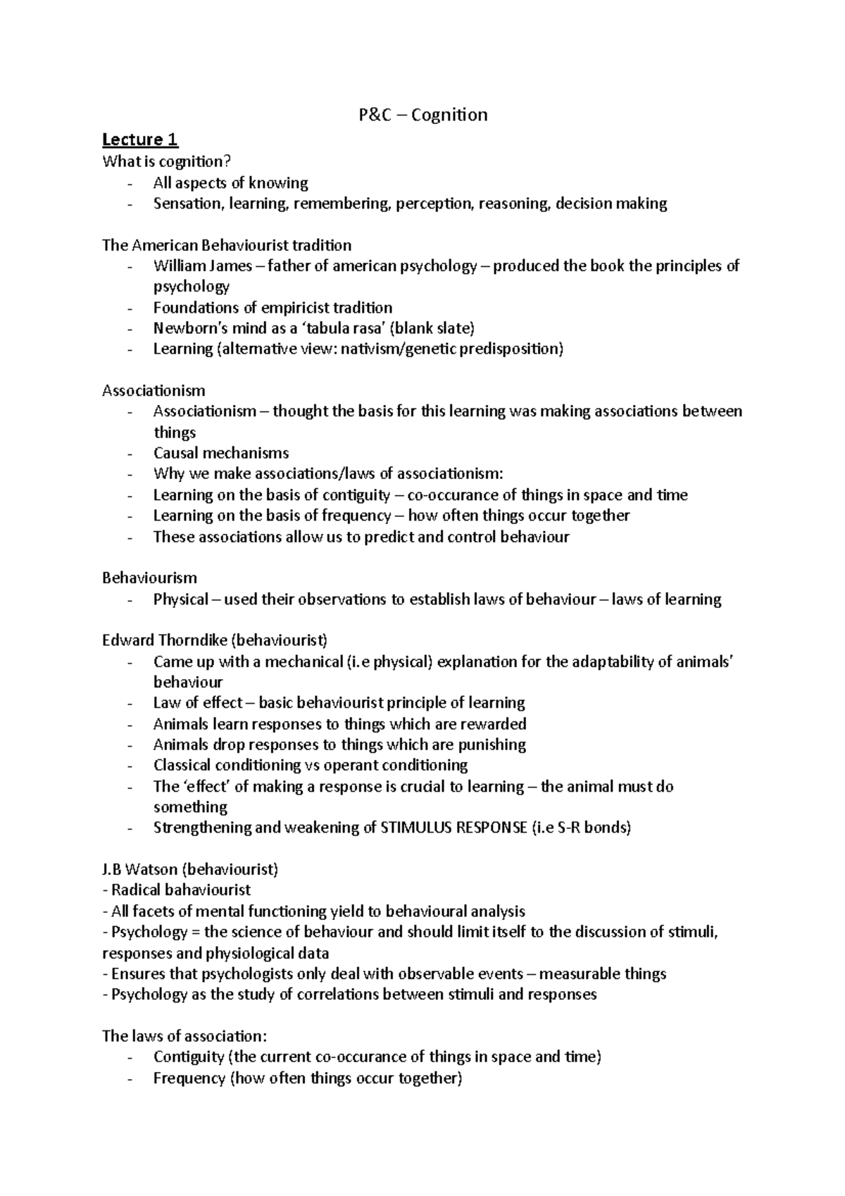 P&C Cognition - Lecture notes 1-4 - P&C – Cognition Lecture 1 What is ...