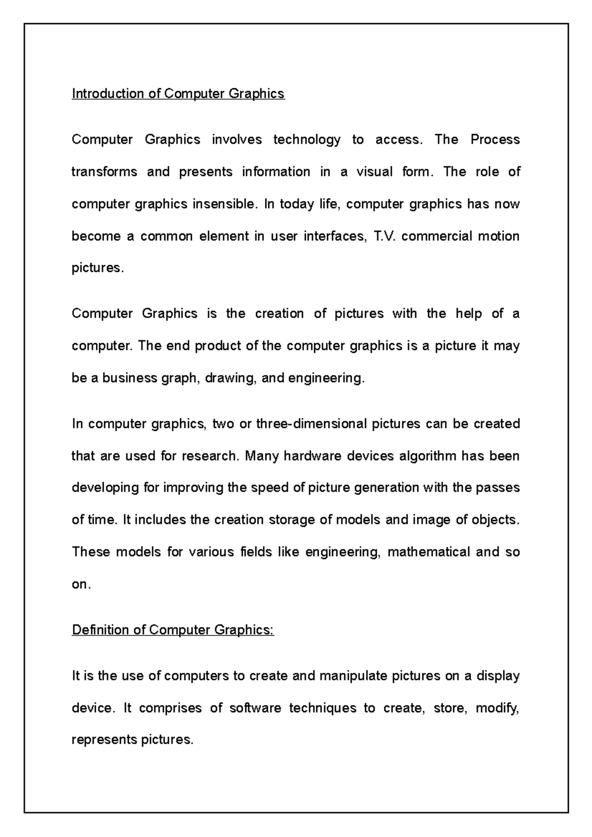COMPUTER GRAPHICS NOTES - Introduction of Computer Graphics Computer ...