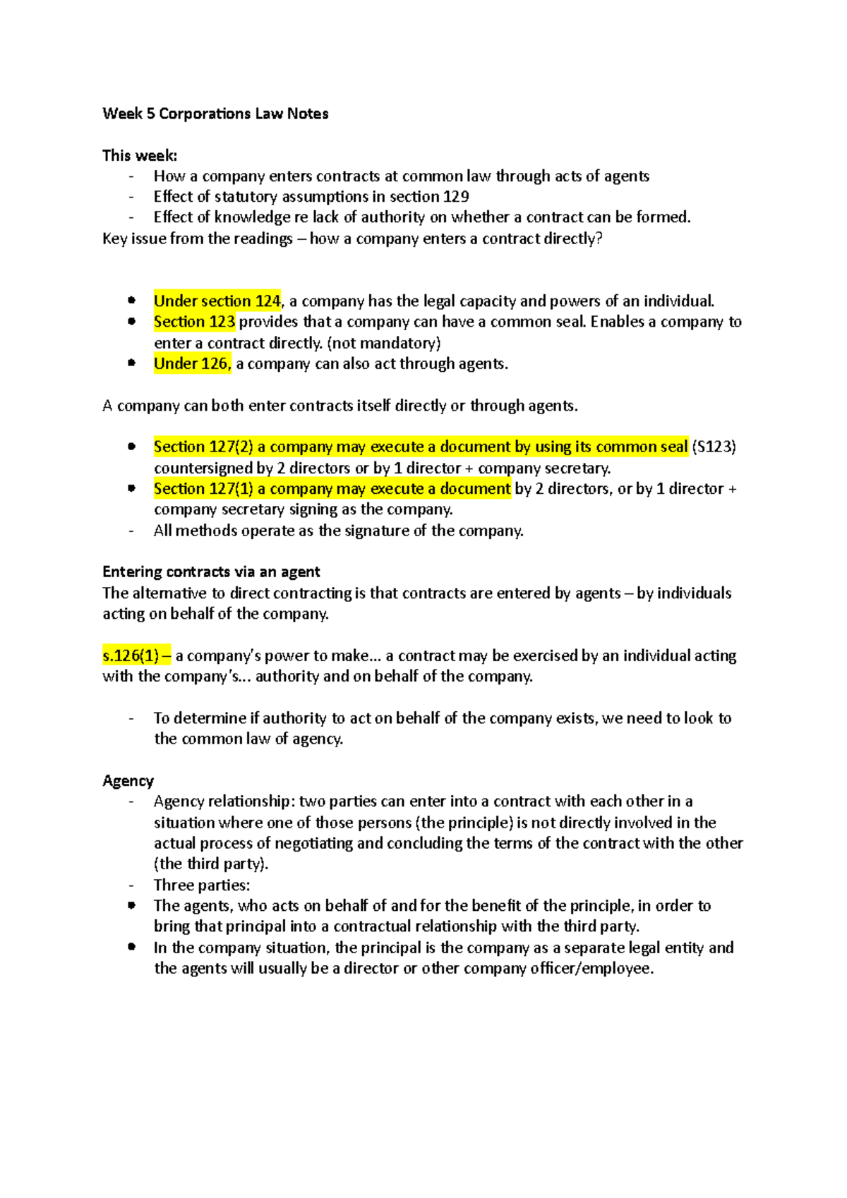 Week 5 Corporations Law Notes - Week 5 Corporations Law Notes This week ...