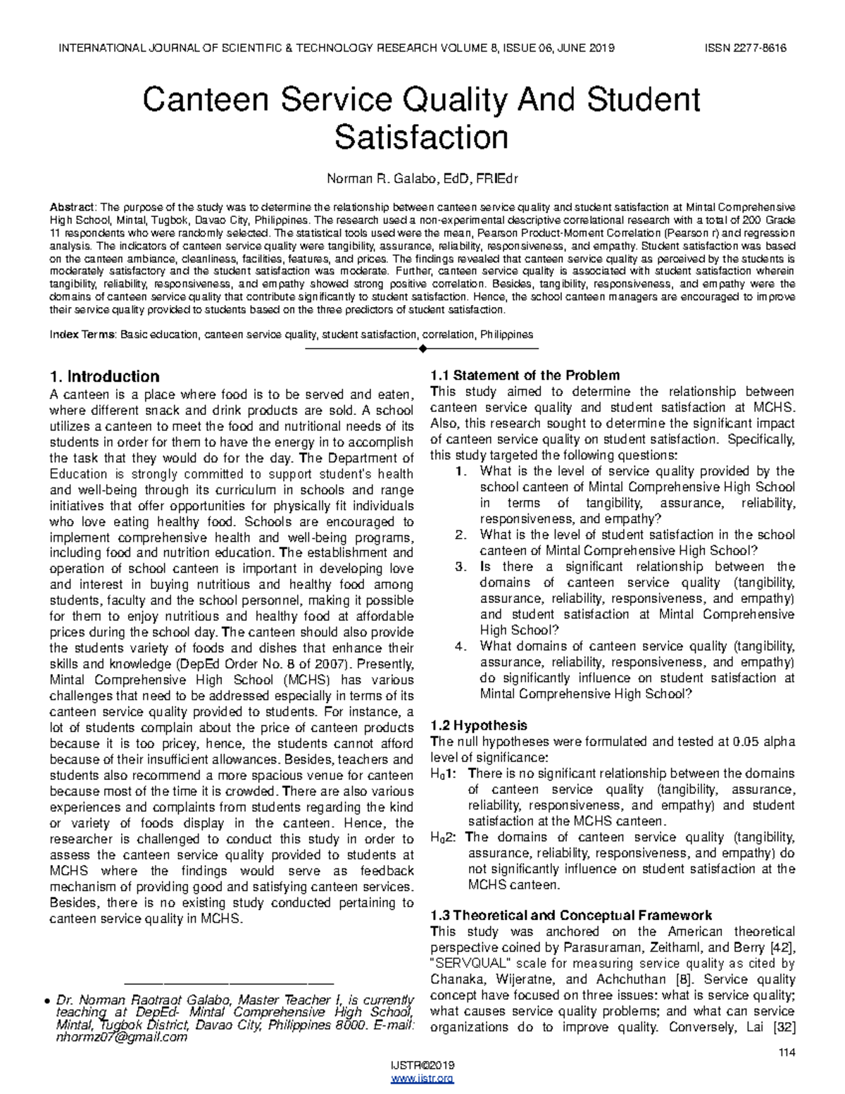 Canteen Service Quality And Student Satisfaction 114 IJSTR© Canteen