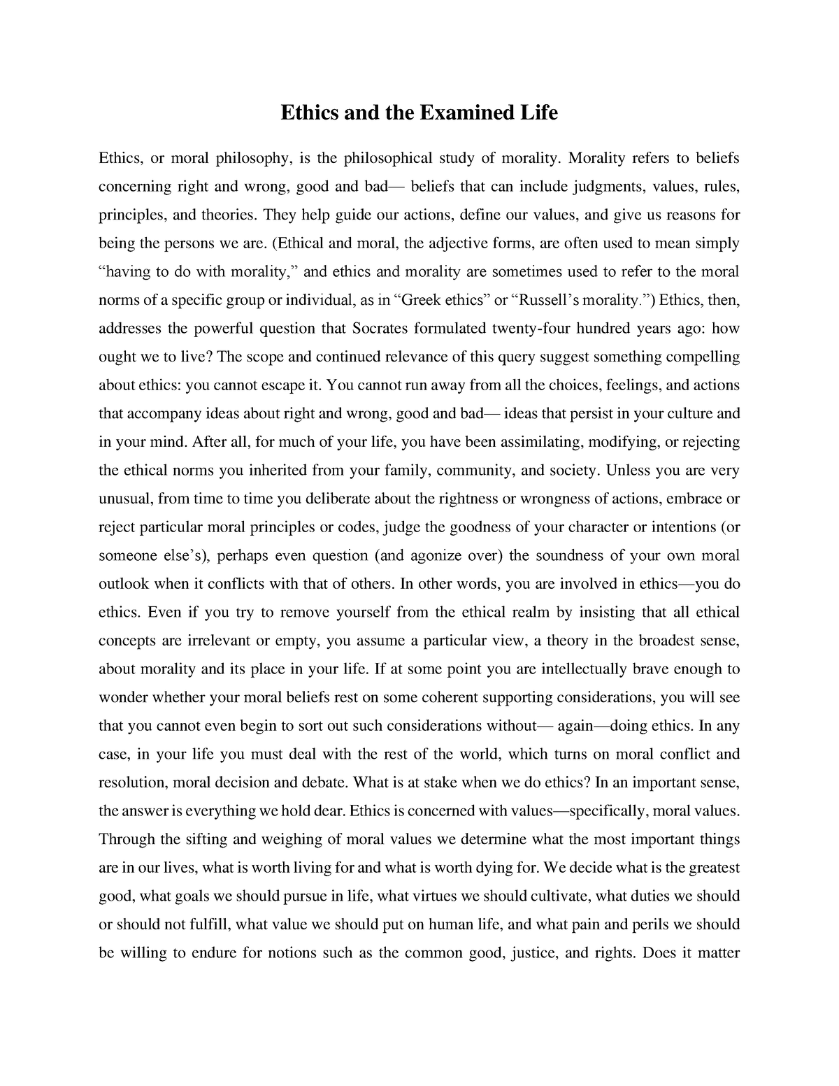 ethics of life essay