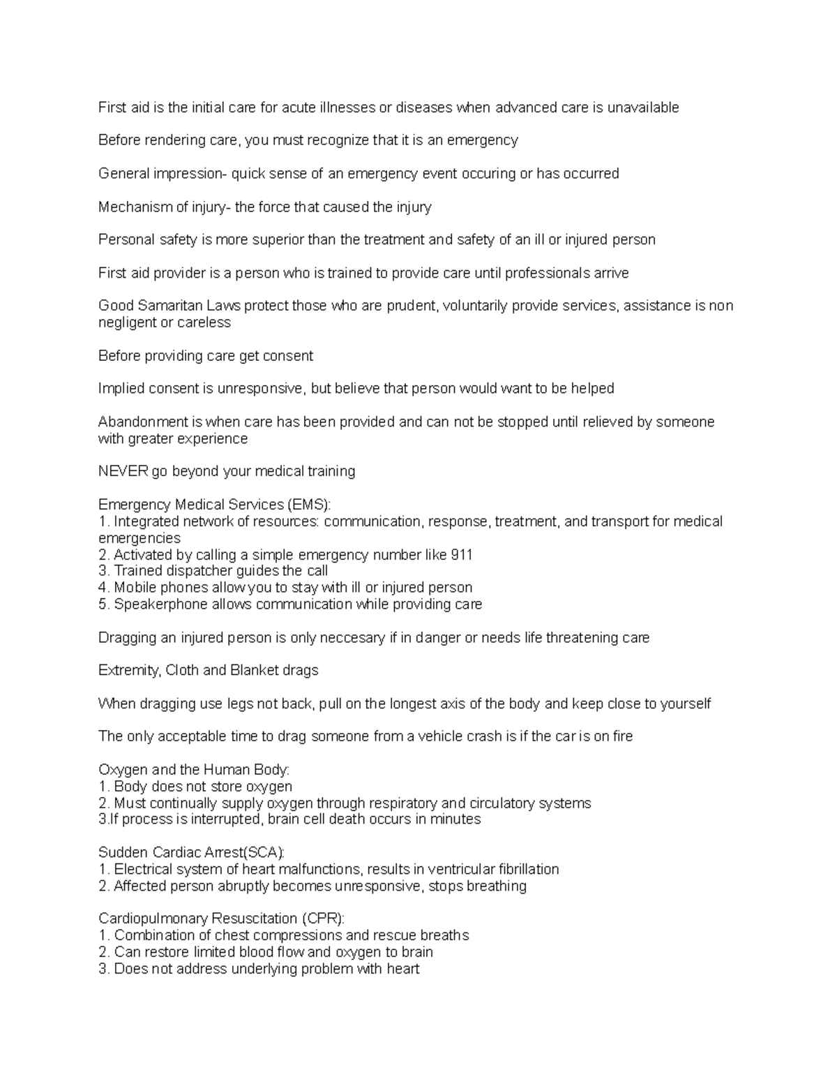 CPR Study Guide GSU RCA Preparation First aid is the initial care