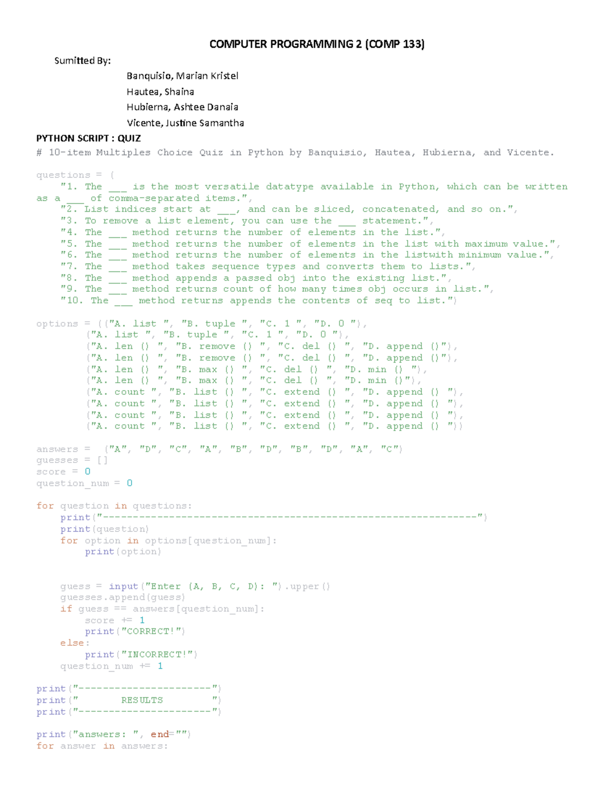 QUIZ IN Python June 06 - COMPUTER PROGRAMMING 2 (COMP 133) Sumitted By ...