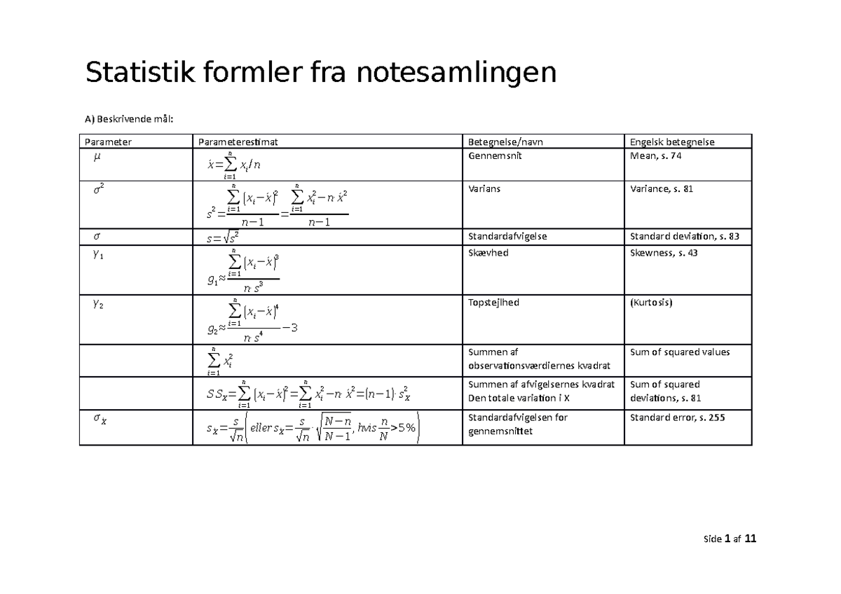 Statistik - Relevante Formler - Statistik Formler Fra Notesamlingen A ...