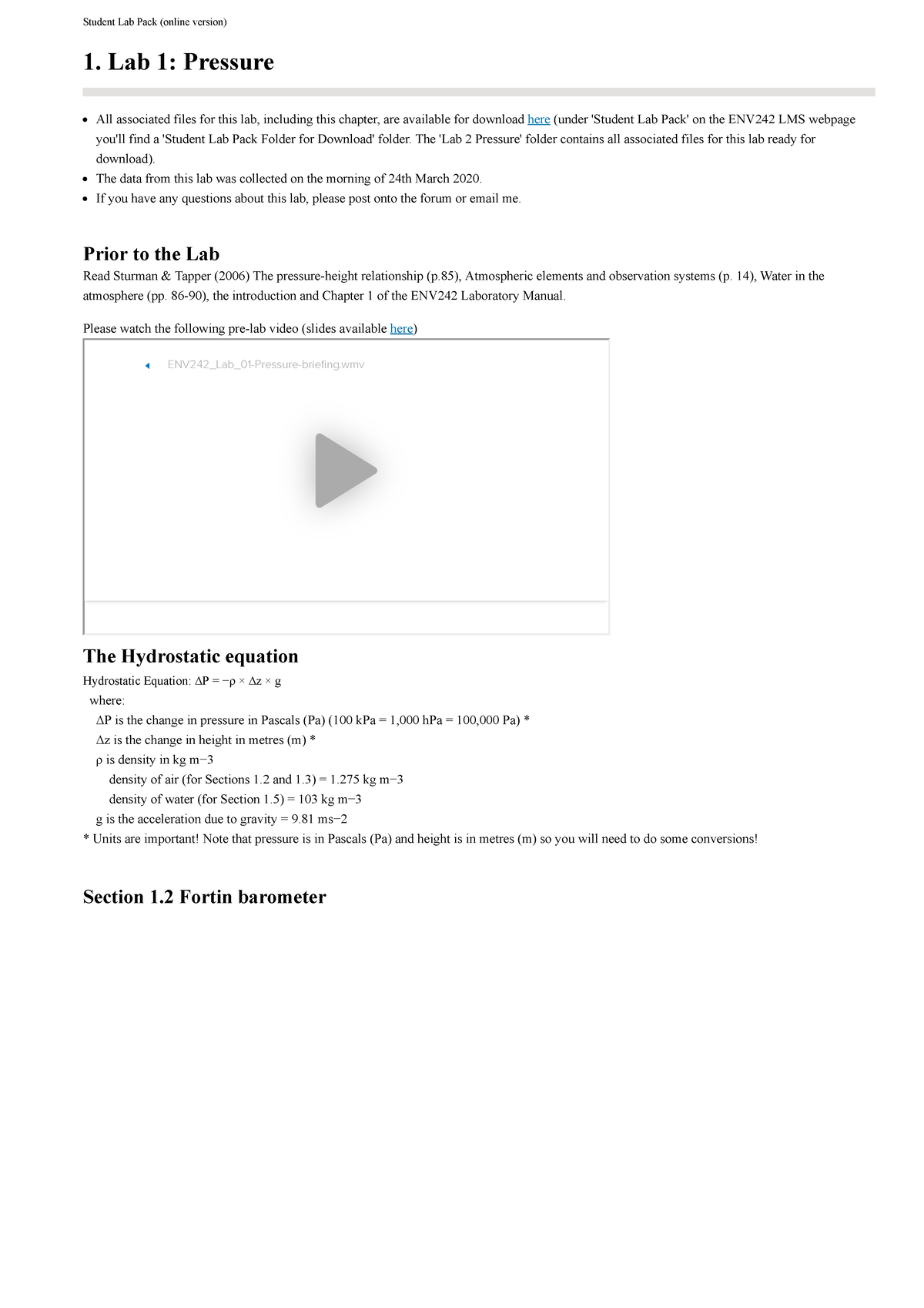 Lab 1 Pressure online lab Student Lab Pack version) 1. Lab 1