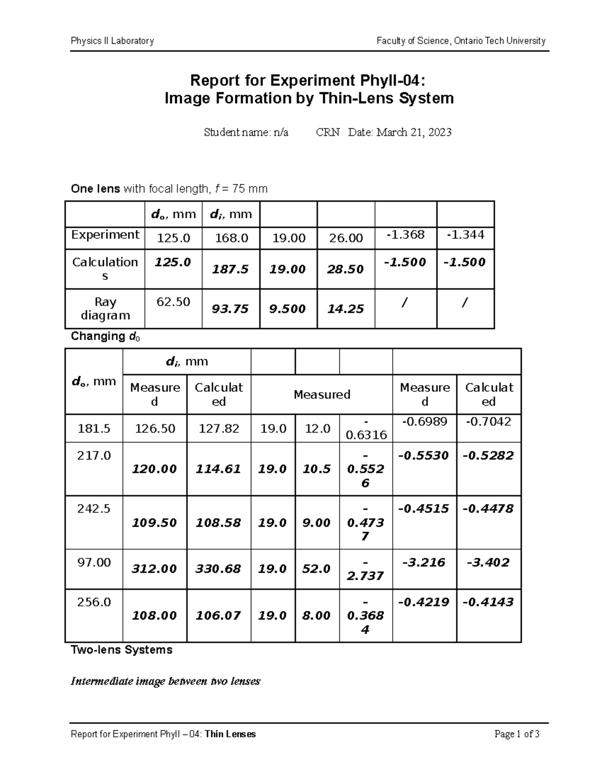 Report Lenses lab 5 Physics II Laboratory Faculty of Science, Ontario