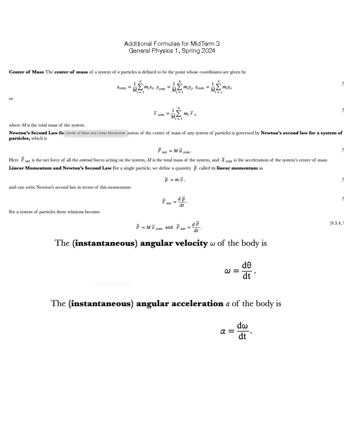 Formula Sheet MT 3 - homework - PHYSUA11 - Additional Formulae for ...