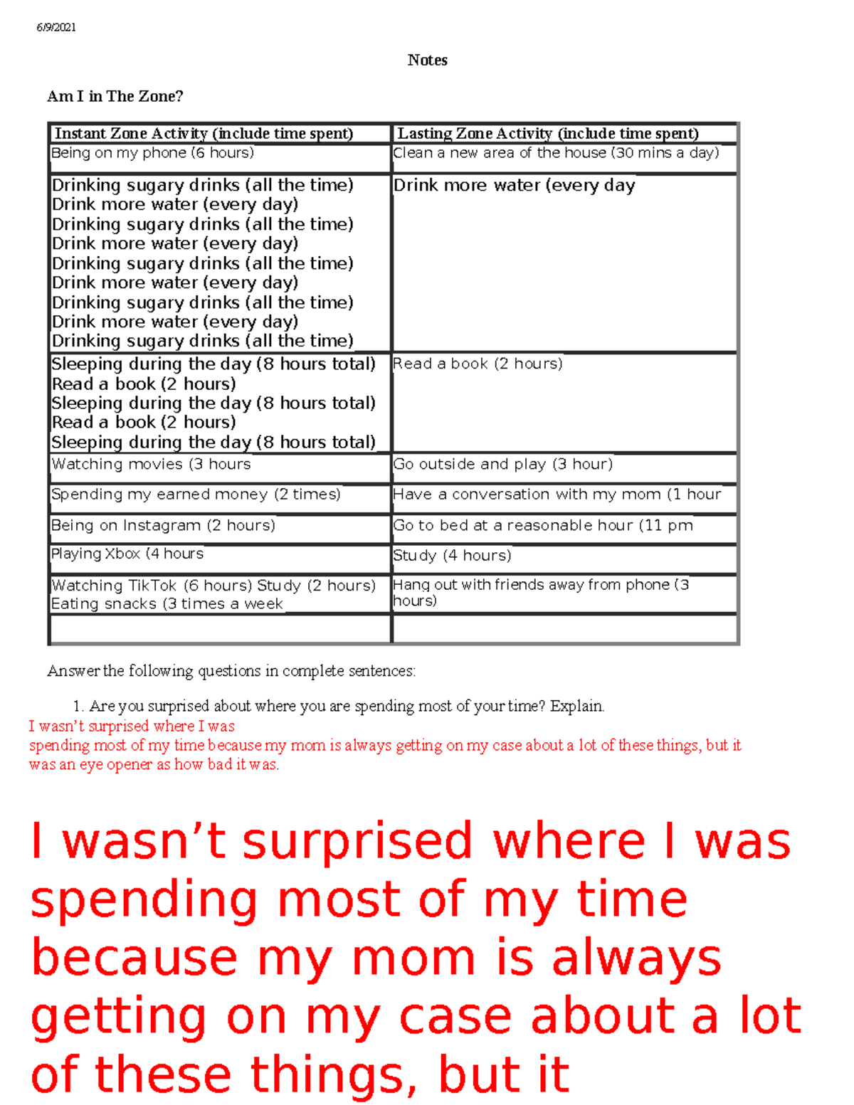 Chart evrything 6/9/ Notes Am I in The Zone? Instant Zone Activity