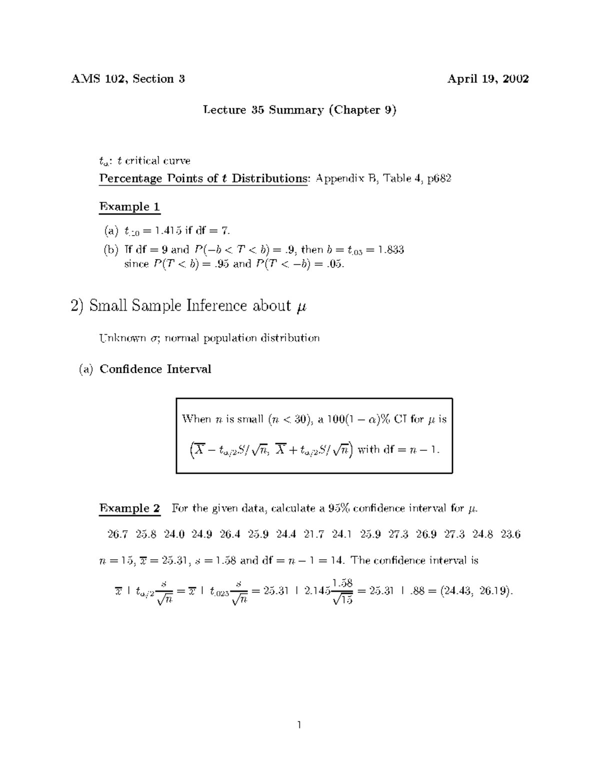 Lecture 35 - Small Sample Inferences for Normal Population - Percentage ...