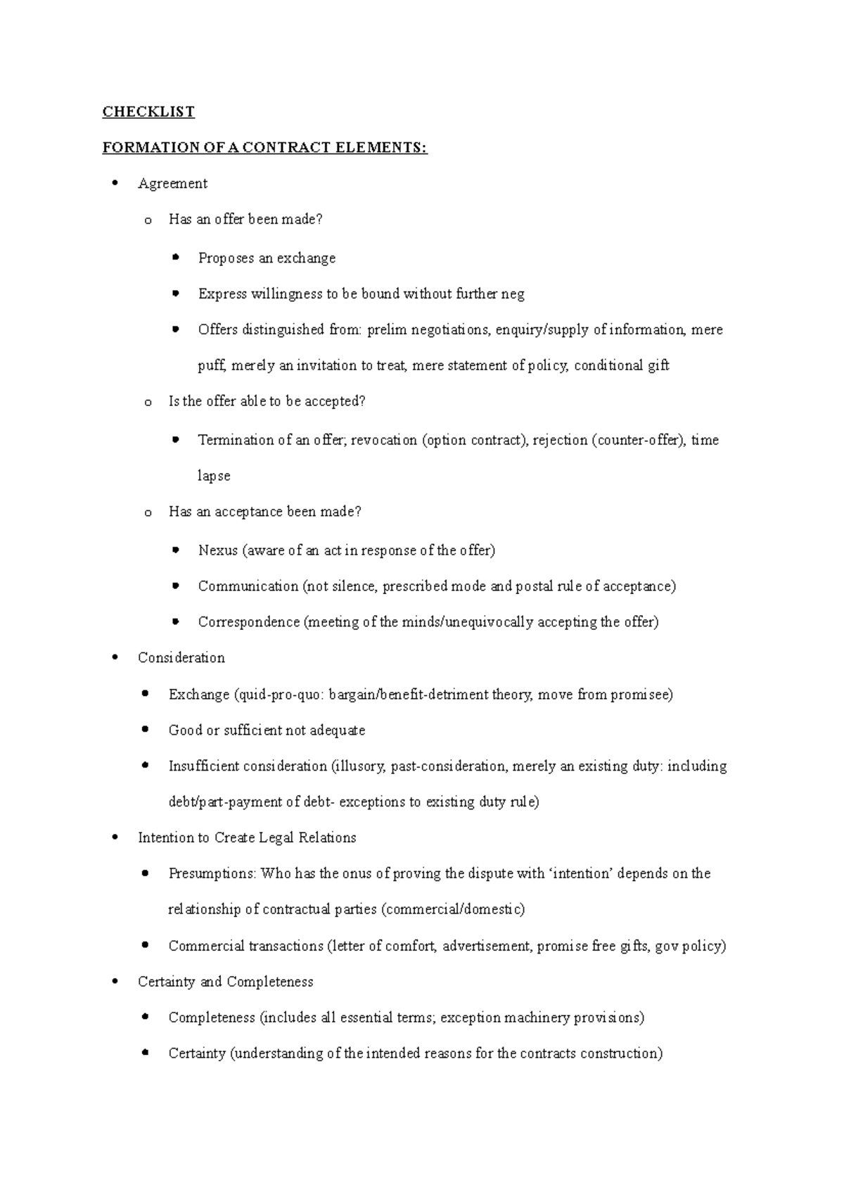 Contracts A Checklist - CHECKLIST FORMATION OF A CONTRACT ELEMENTS ...