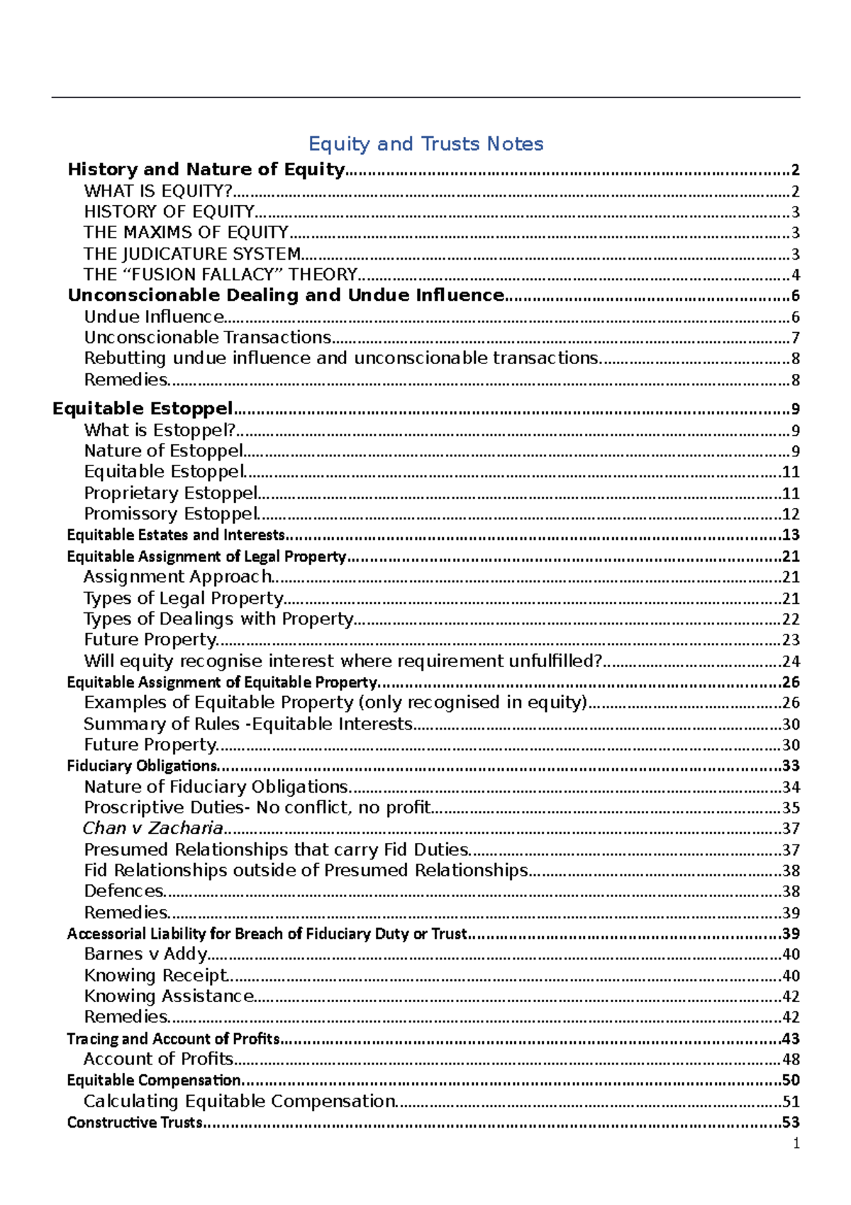 Equity And Trusts Notes Equity And Trusts Notes History And Nature Of
