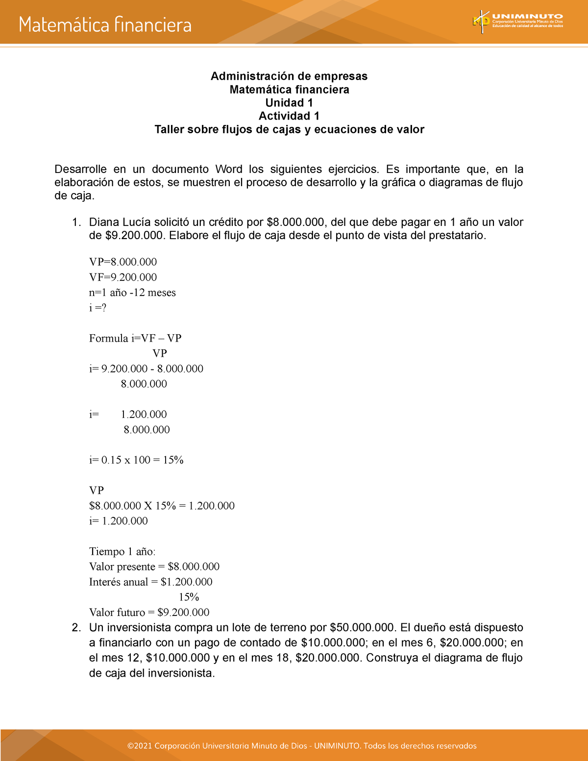 Actividad 2 Taller sobre flujos de cajas y ecuaciones de valor -  Administración de empresas - Studocu