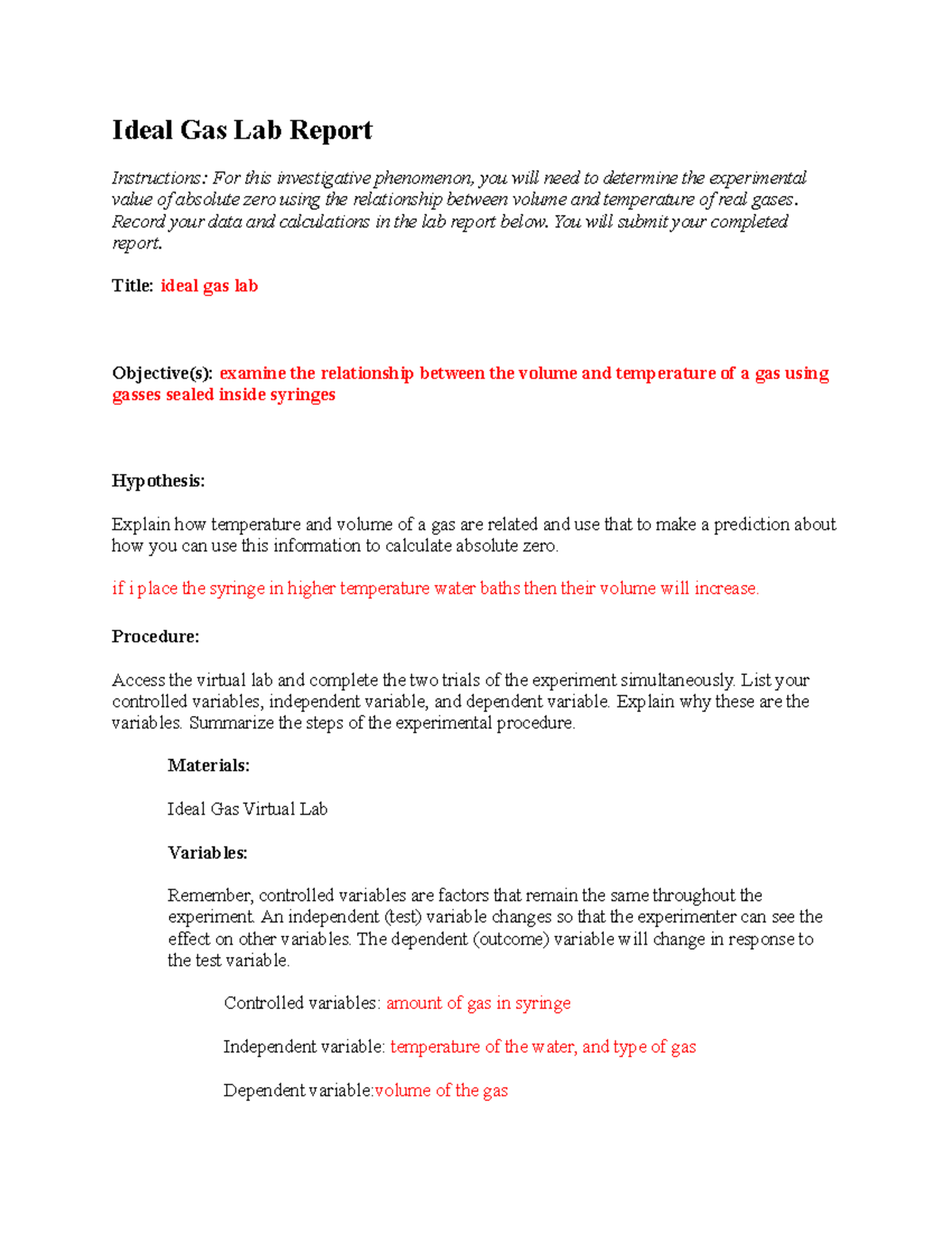 Lab report - cdfn cmdf cmf - Ideal Gas Lab Report Instructions: For ...