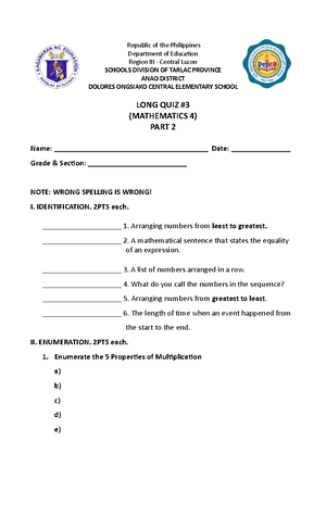 LONG QUIZ - Assessment Test for your students. - LONG QUIZ (MATHEMATICS ...