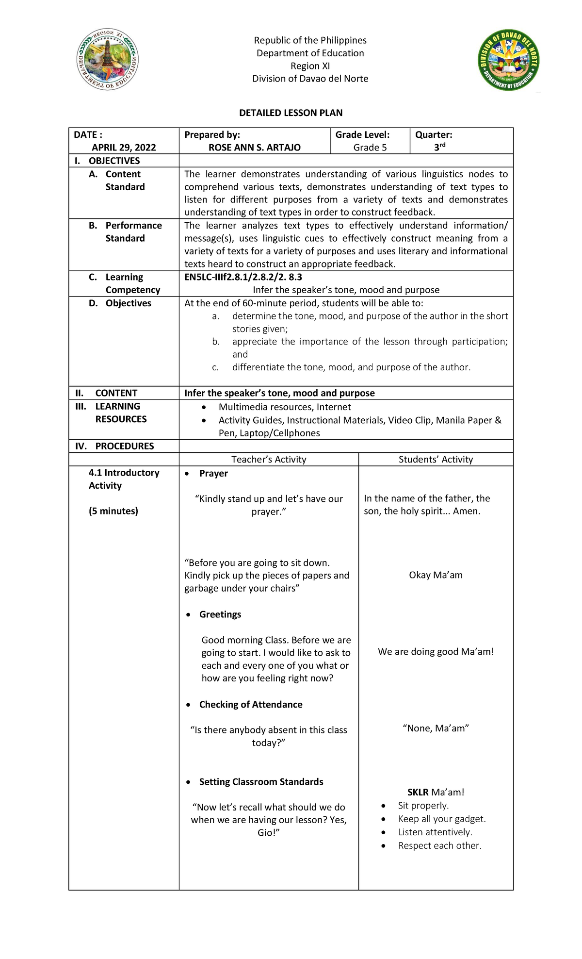 Example Mood And Mindset Lesson Plan Illinois Human Performance Project ...