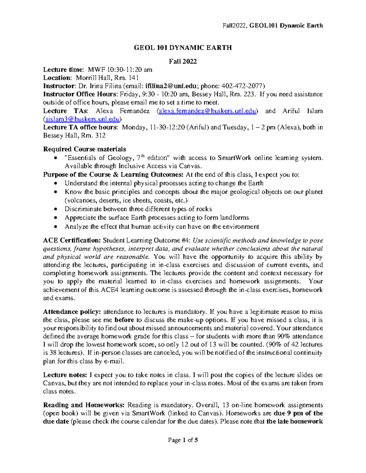GEOL101 Fall2022 Filina Syllabus - GEOL 101 DYNAMIC EARTH Fall 2022 ...