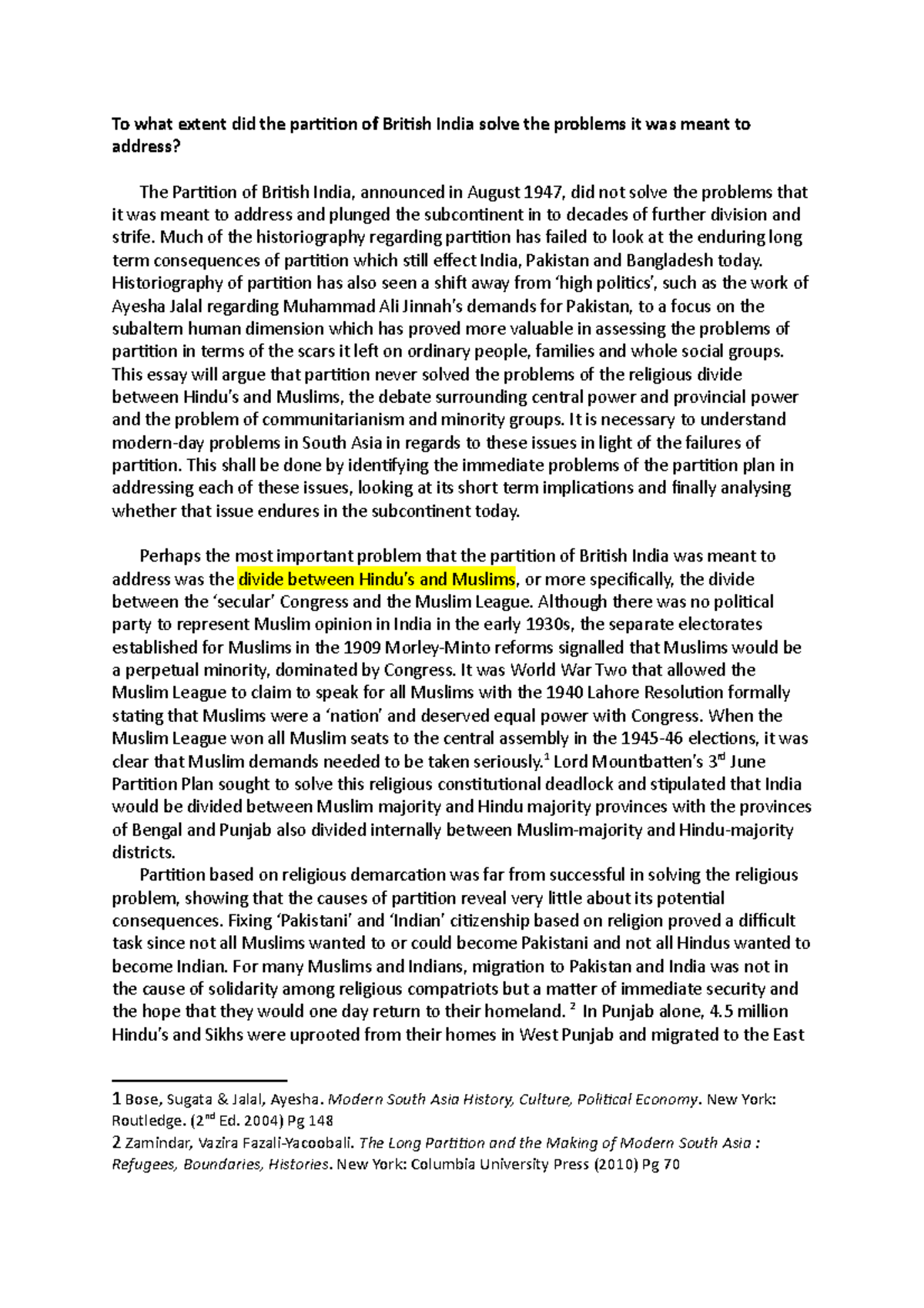 Partition essay Grade 11 To what extent did the partition of