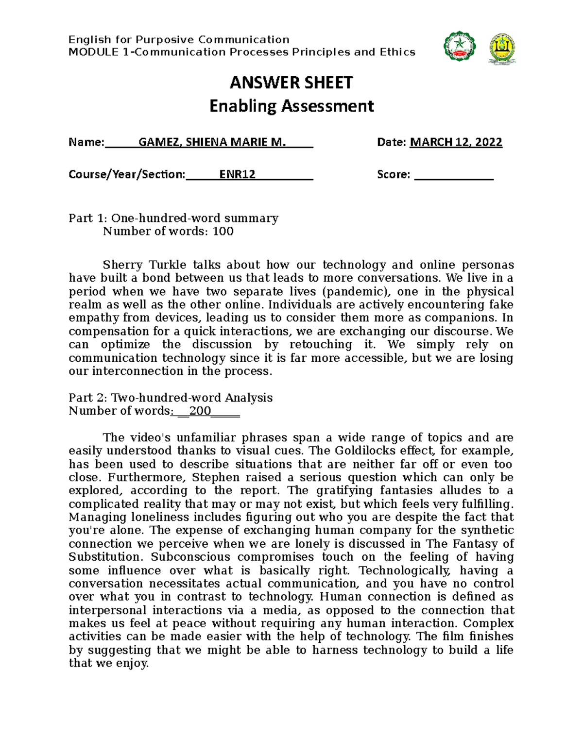 Gamez-ENR12- Module 1- Enabling Assessment Answer Sheet - English for ...
