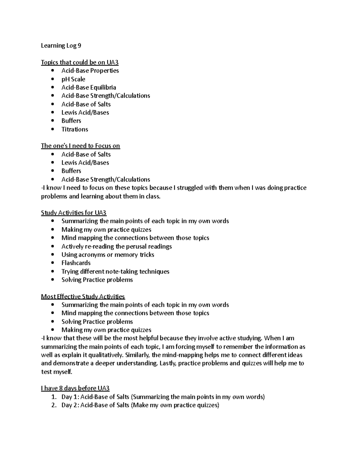 Learning Log 9 - Study Activities for UA Summarizing the main points of ...