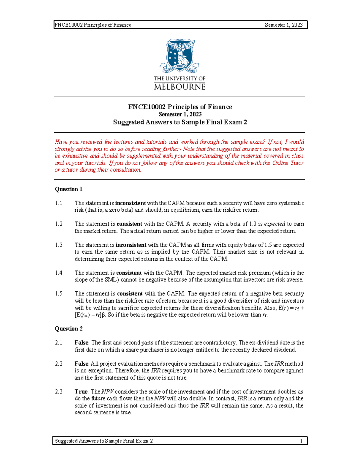 Sample Final 2-Ans - FNCE10002 Principles of Finance Semester 1, 2023 ...