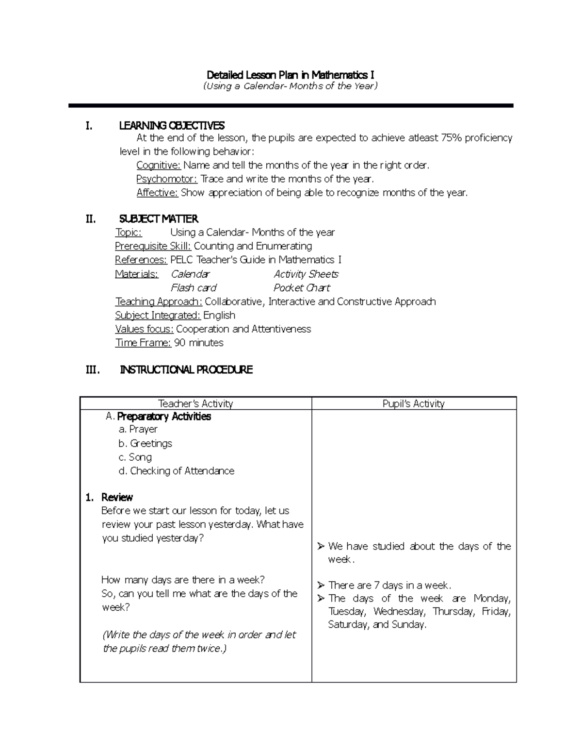 Detailed Lesson PLAN IN Mathematics 1 do - Detailed Lesson Plan in ...