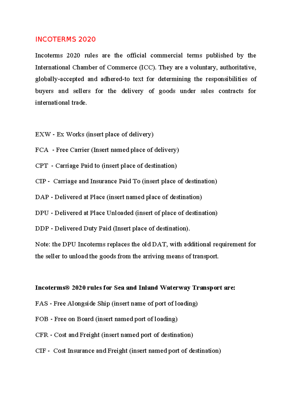 Incoterms 2020 - Lecture notes for M.com - INCOTERMS 2020 Incoterms ...