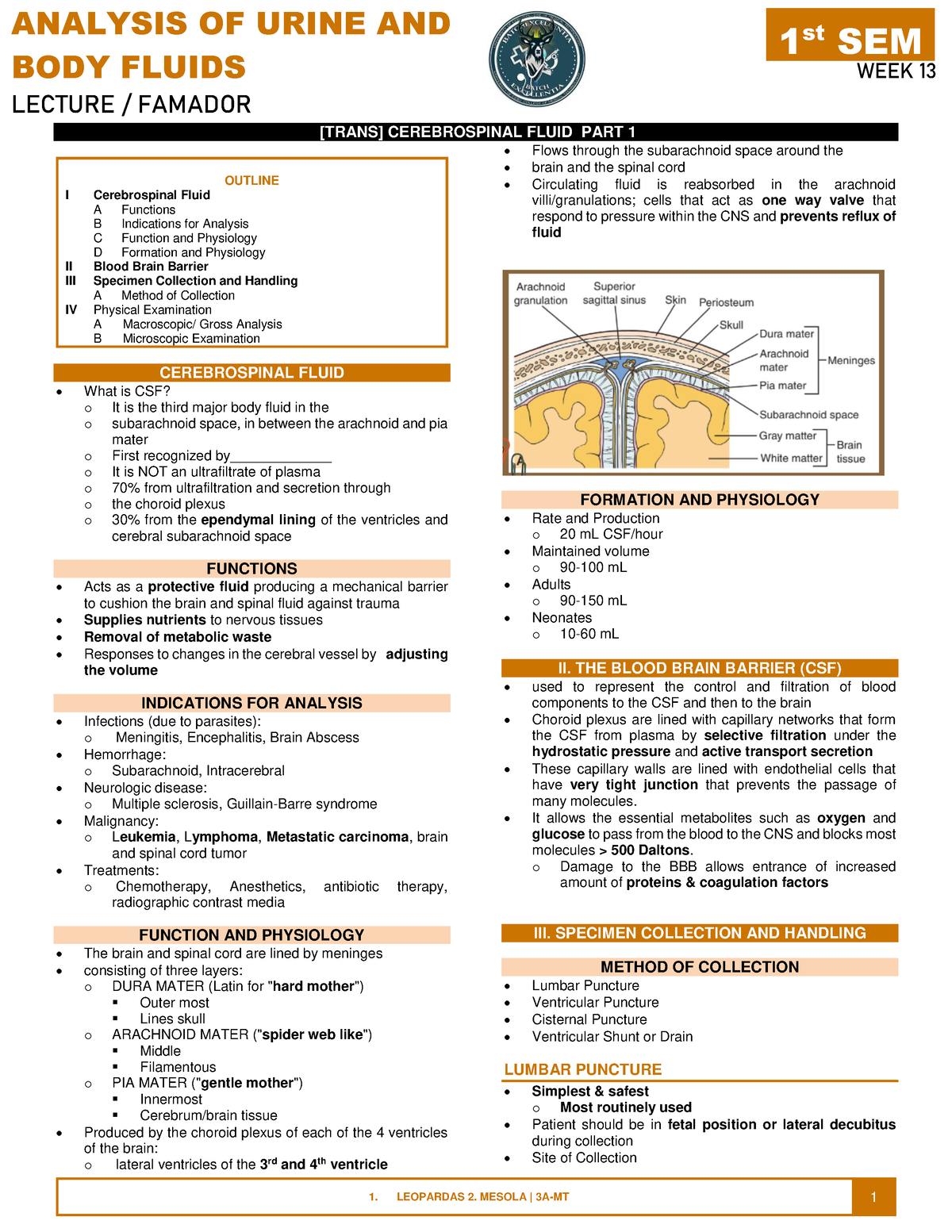 13 Cerebospinal Fluid - Summary Filipino 11 - ANALYSIS OF URINE AND ...