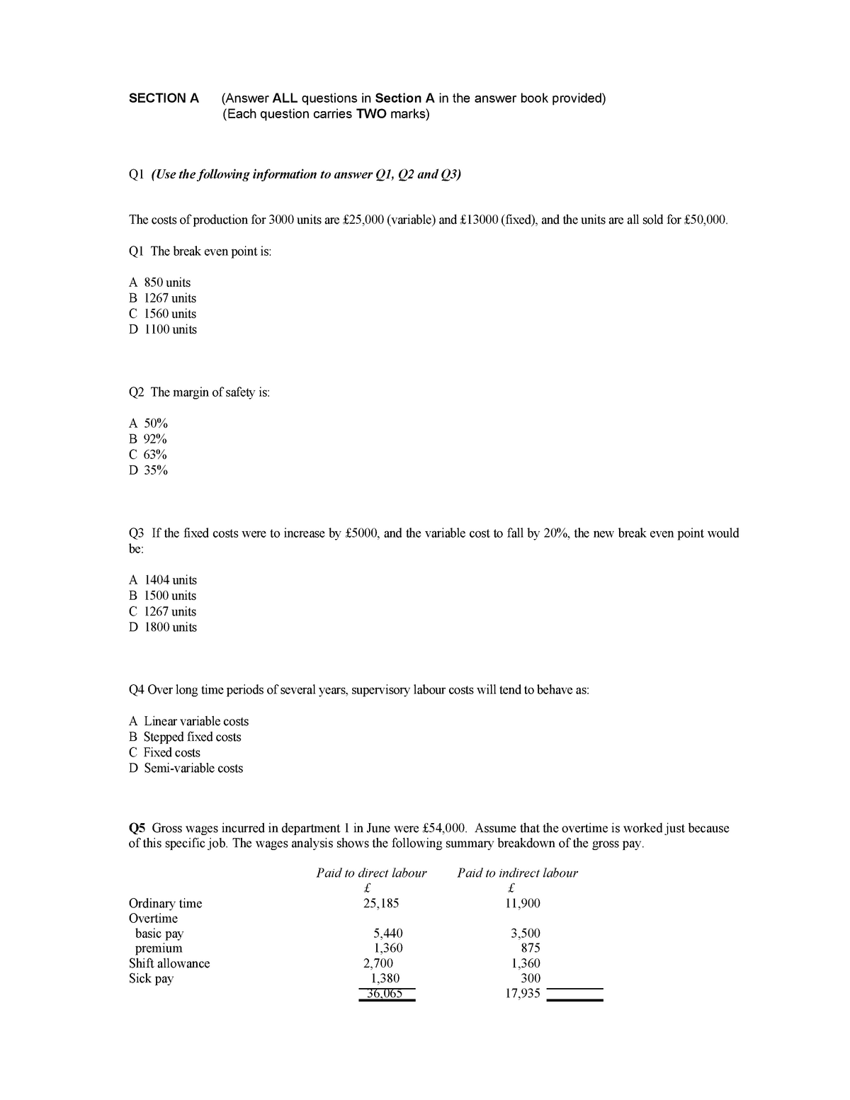 Costing Mock Exam - SECTION A (Answer ALL questions in Section A in the ...