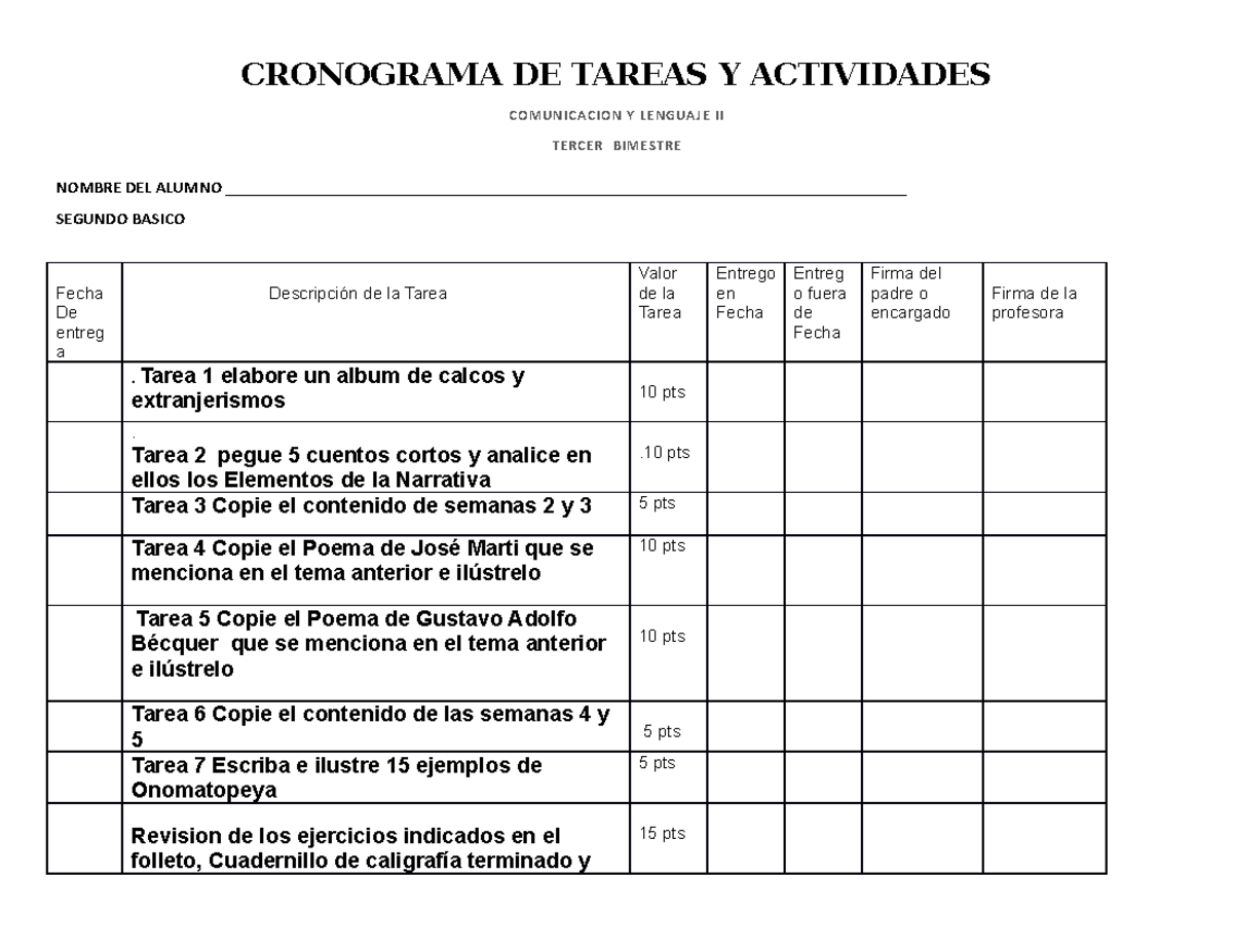 Cronograma DE Tareas Y Actividades - CRONOGRAMA DE TAREAS Y ACTIVIDADES ...