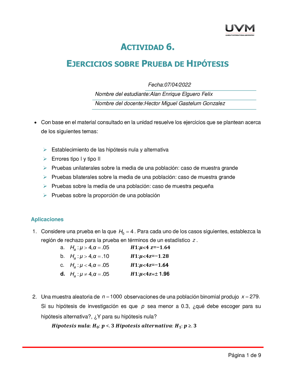 A6 AEEF - Estadística Inferencial - ACTIVIDAD 6. EJERCICIOS SOBRE ...