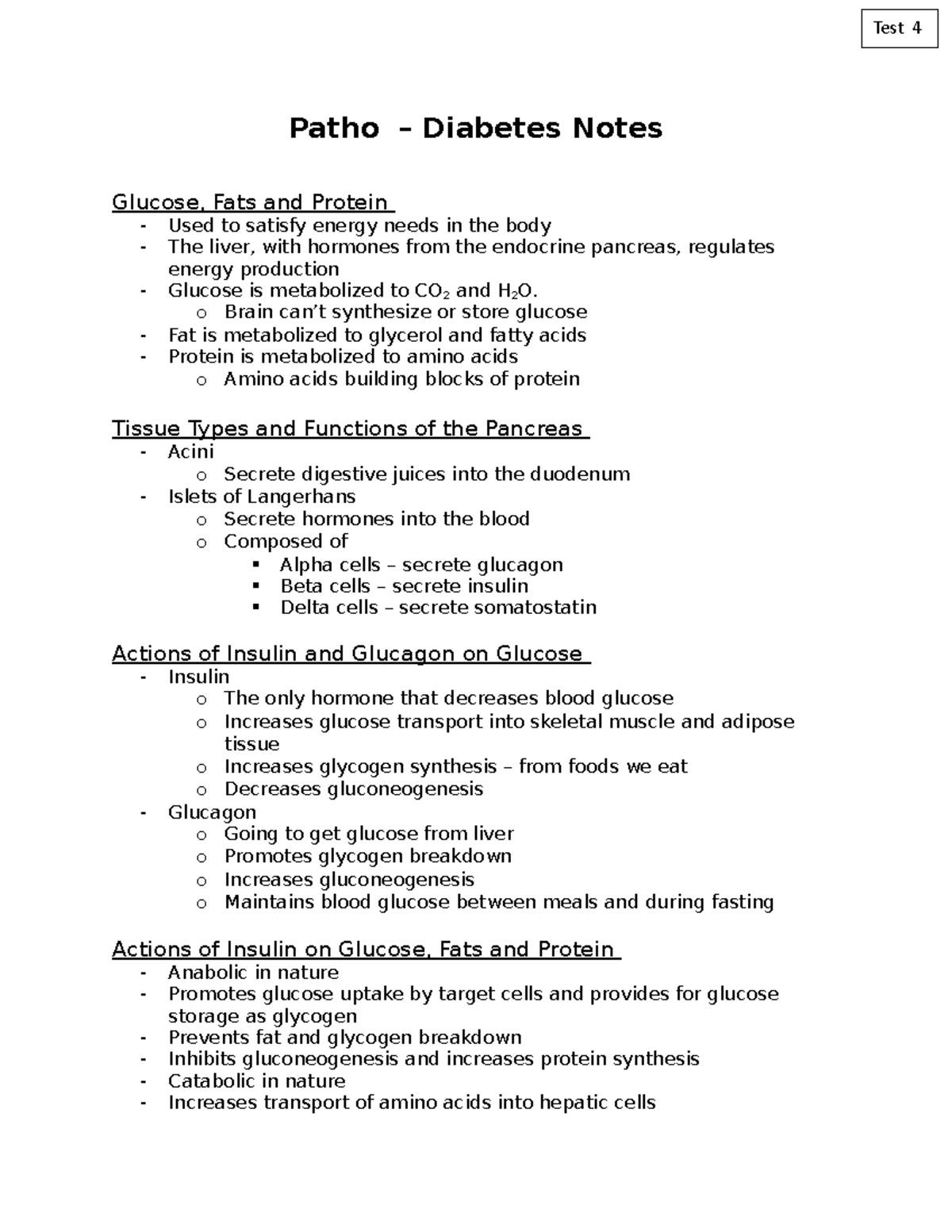 Notes . Test 4 Diabetes Patho Diabetes Notes Glucose, Fats and