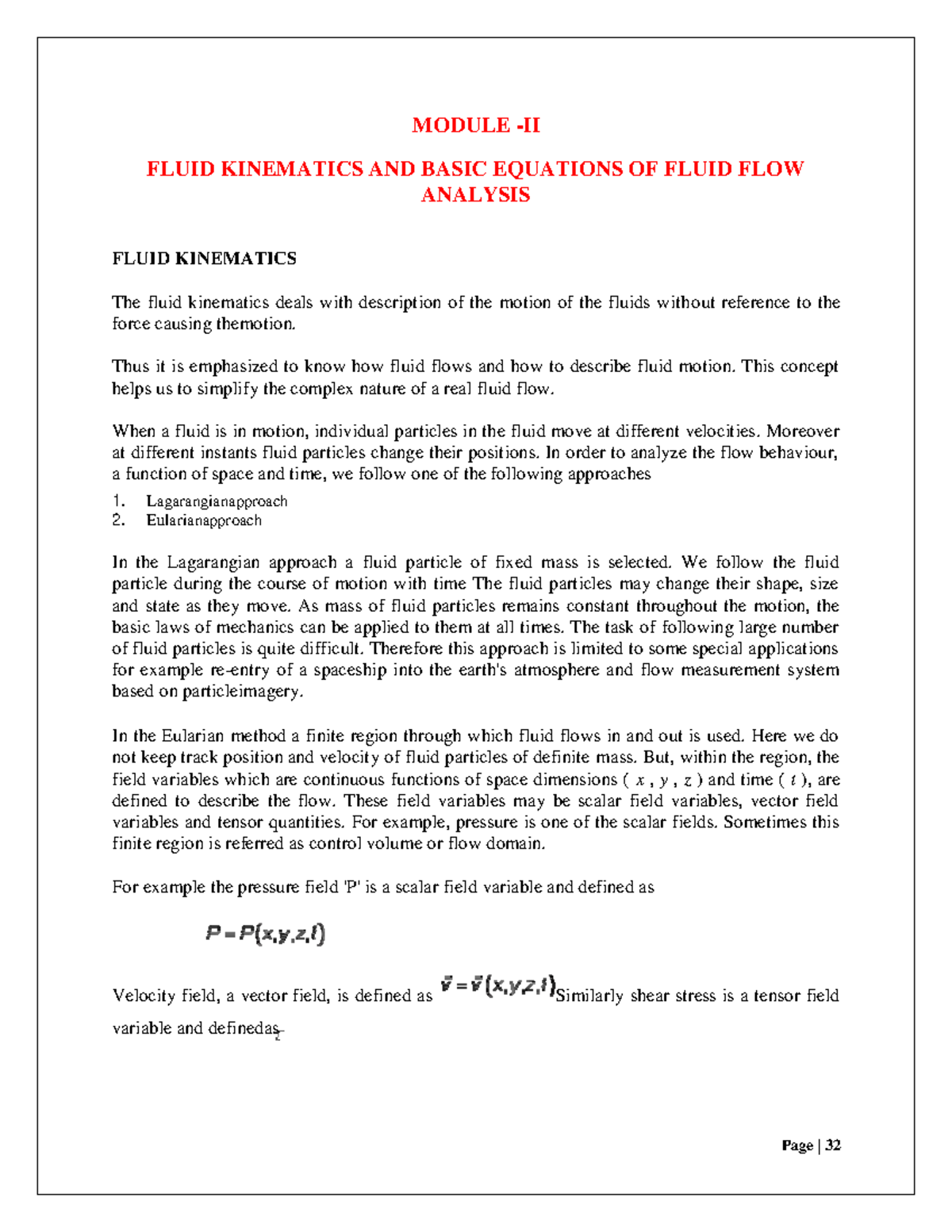 Fluid Dynamics Lecture Notes - MODULE -II FLUID KINEMATICS AND BASIC ...