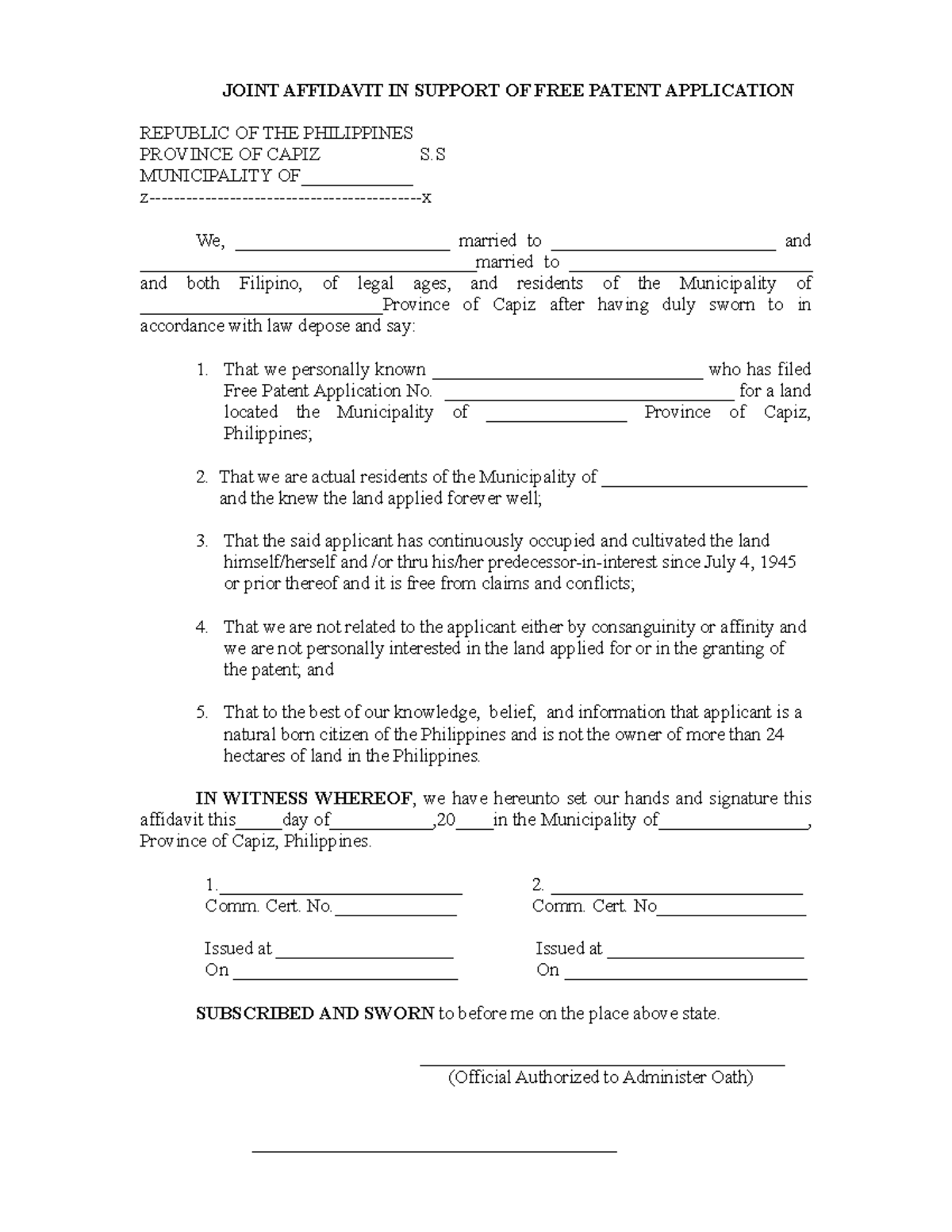 Joint Affidavit IN Support OF FREE Patent Application - Land Titles And ...