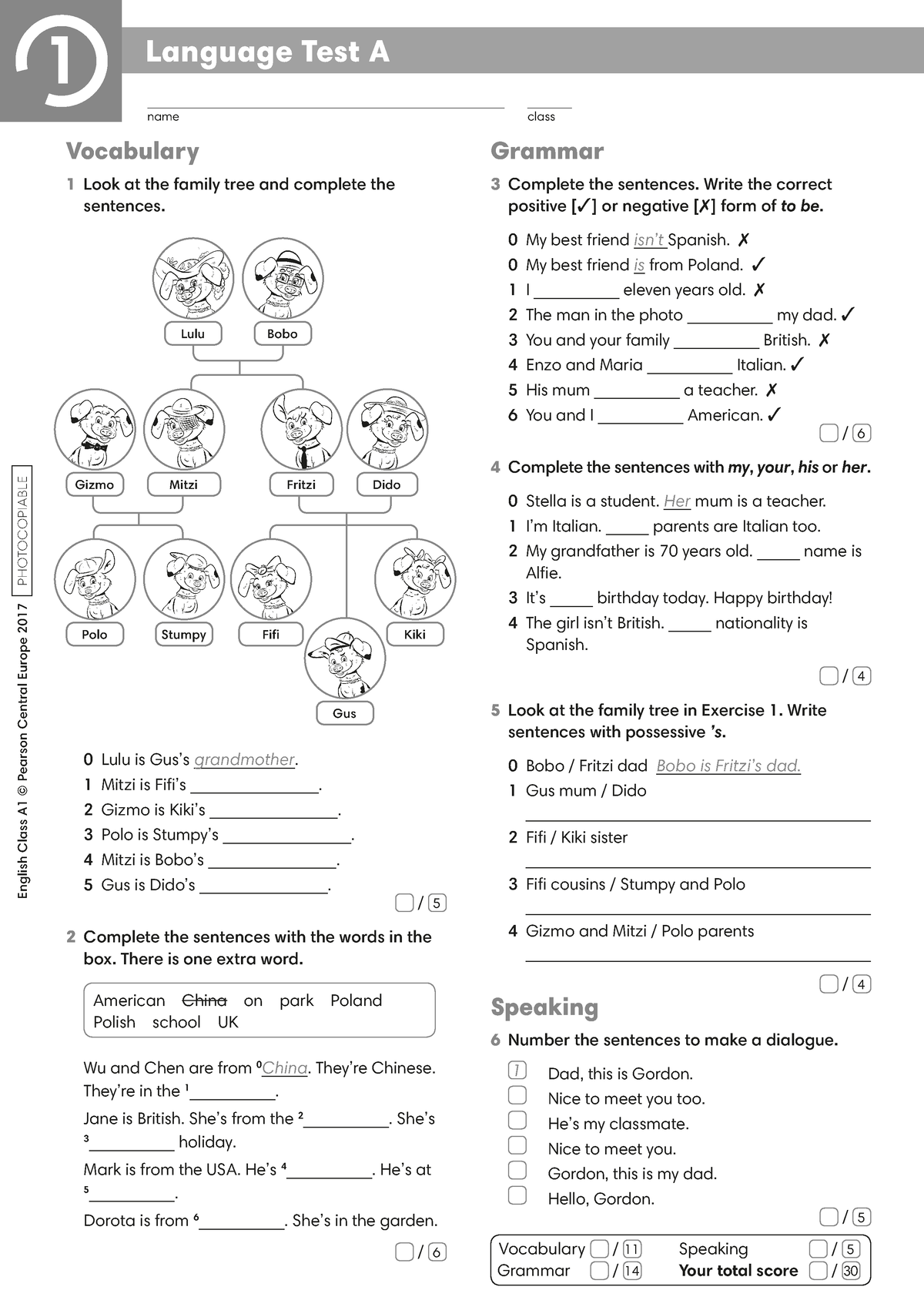 01 ECA1 Tests Language Test 1A English Class A1 Pearson Central 