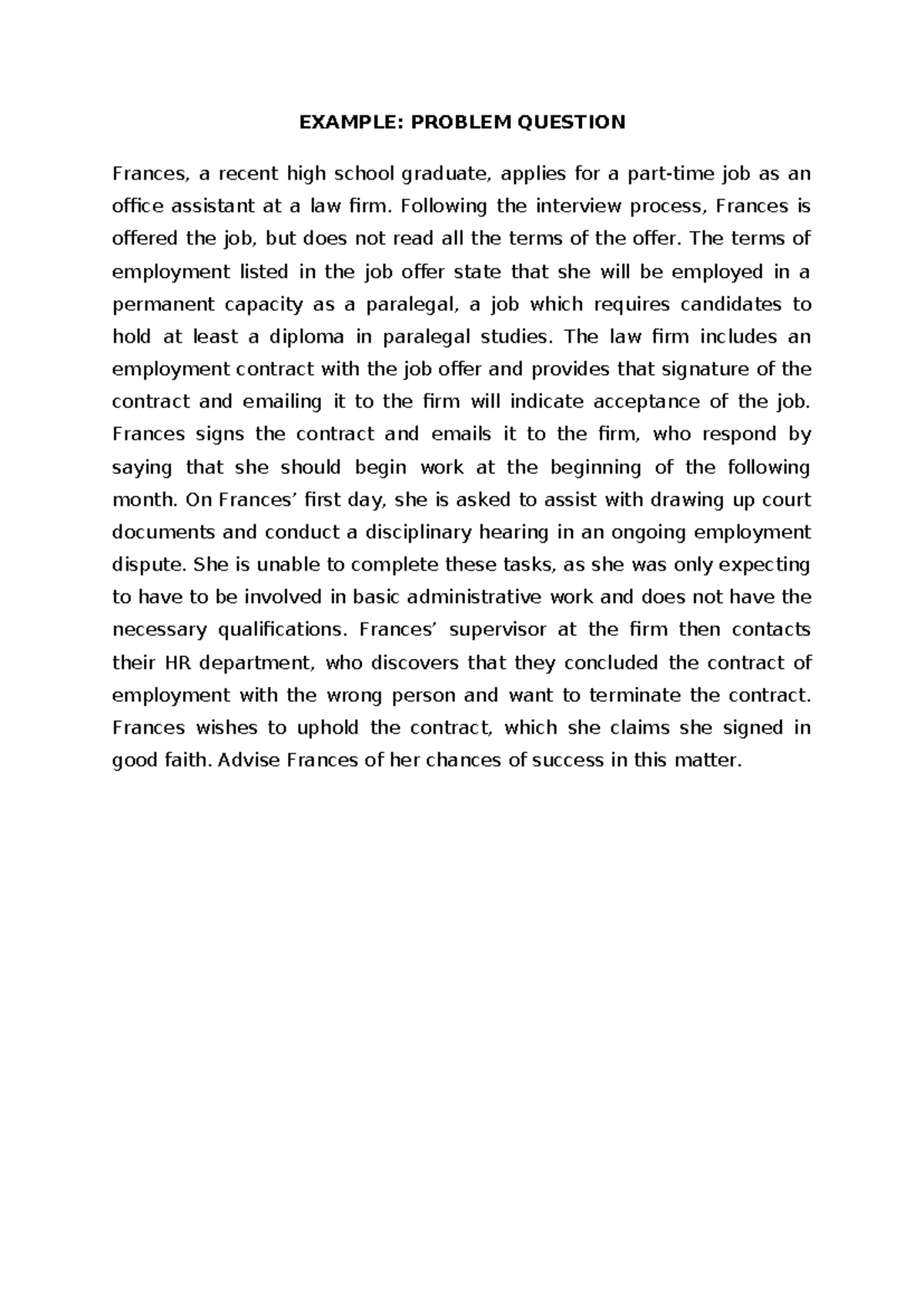 Week 6 Problem Question Example - EXAMPLE: PROBLEM QUESTION Frances, a ...