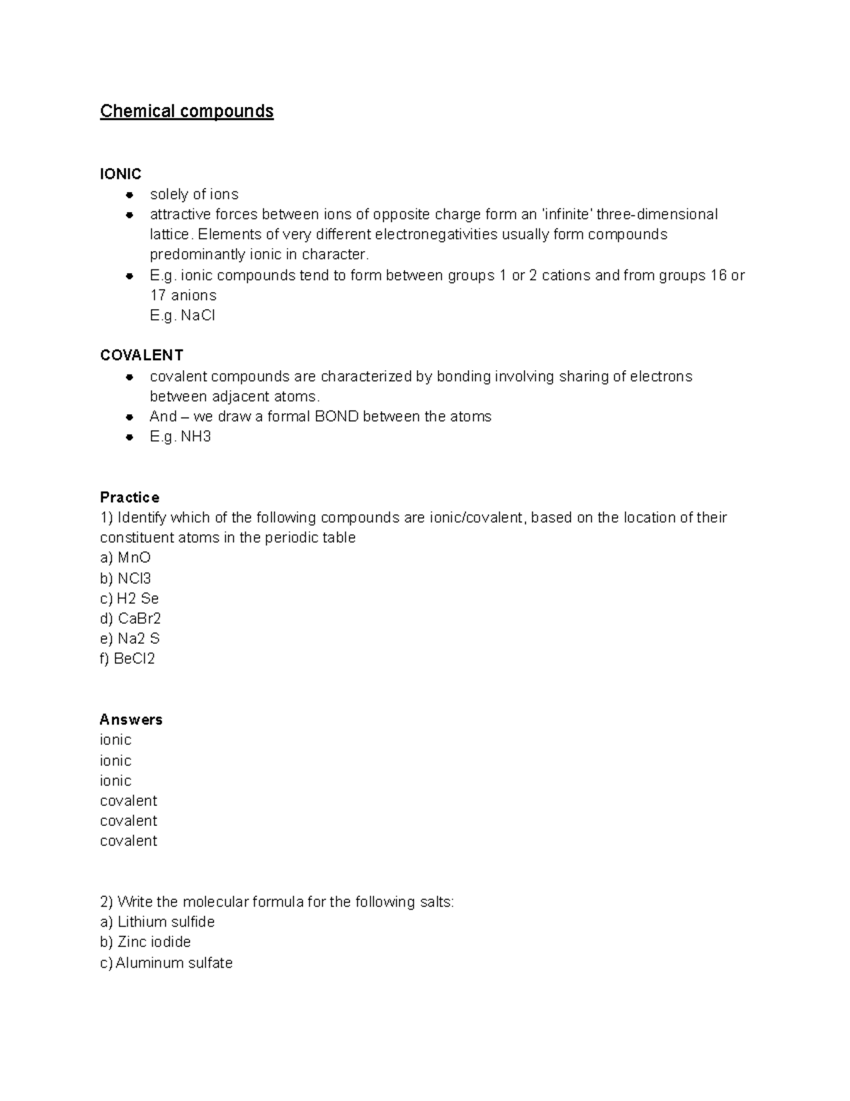 Chem1011 week 1 notes and practice - Chemical compounds IONIC solely of ...