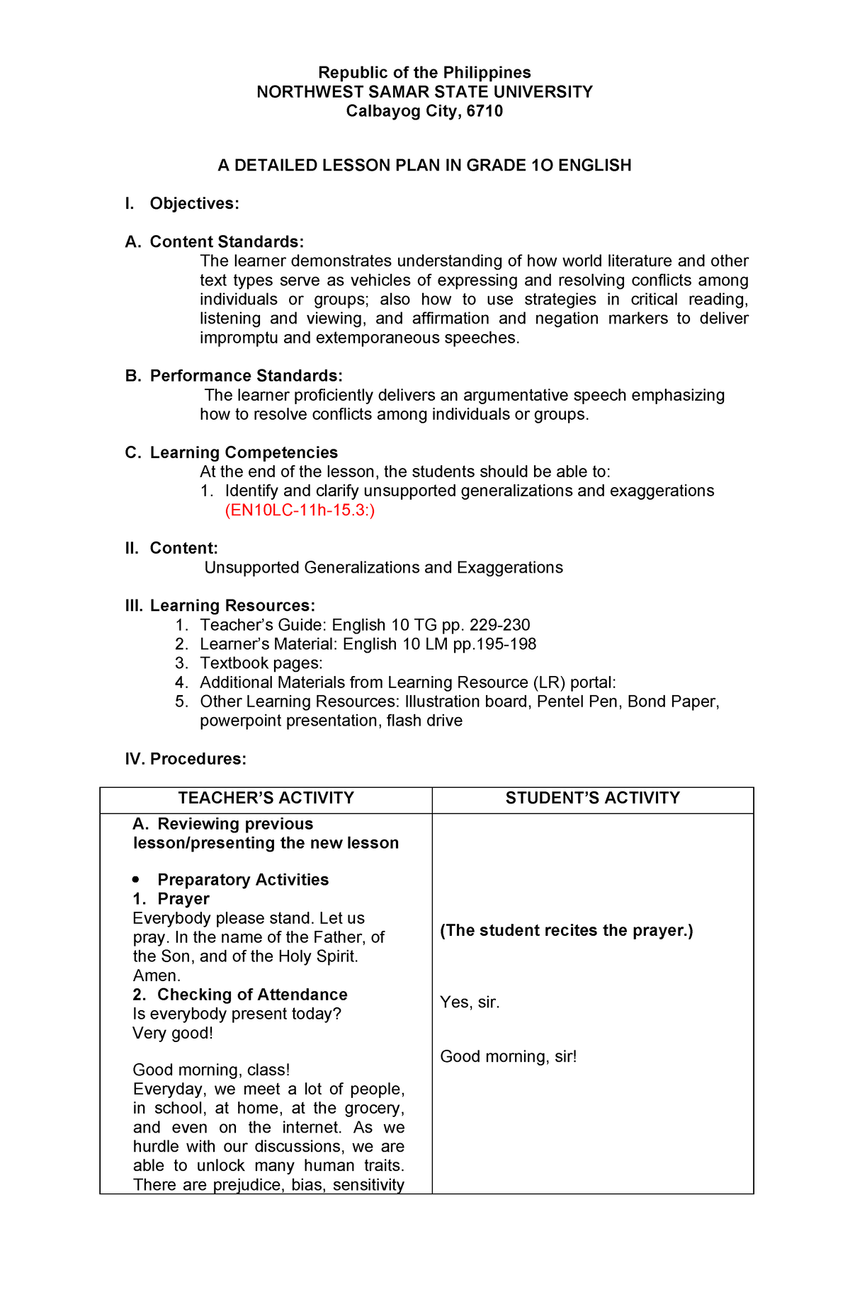 Sample Lesson Plan in English Using the - Republic of the Philippines ...