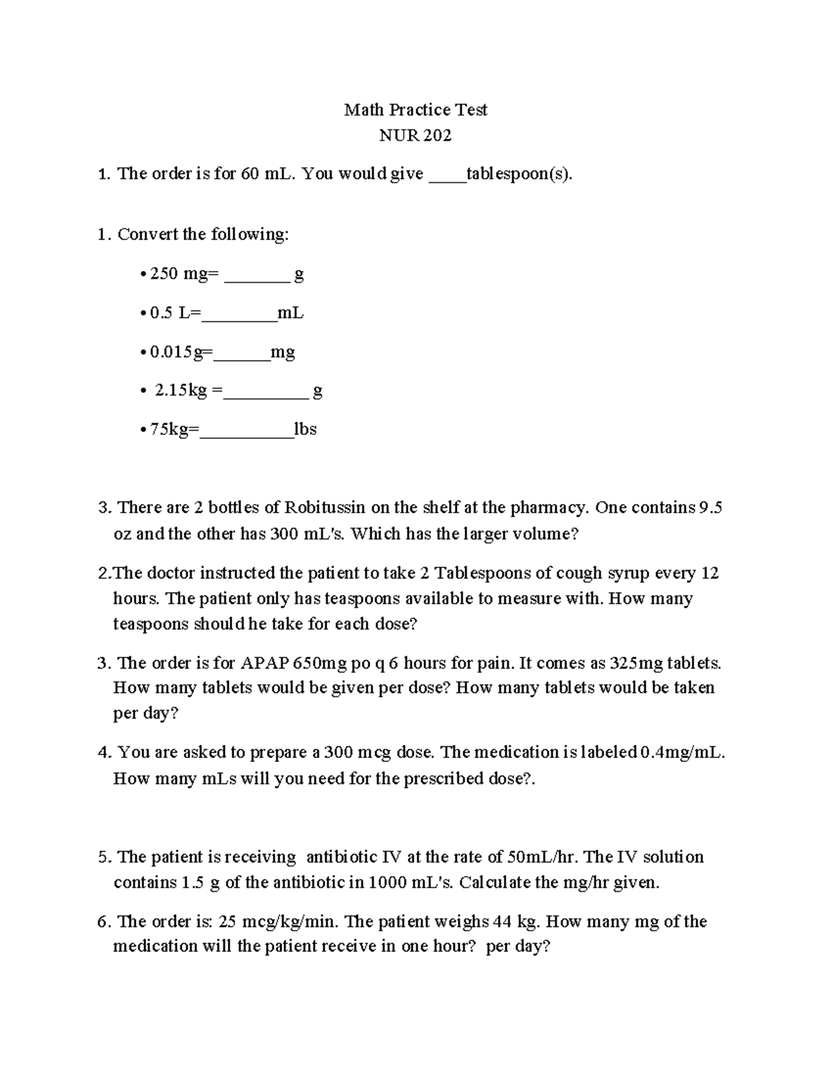 Mathpractice NUR 202a - Math practice exam - Math Practice Test NUR 202 ...