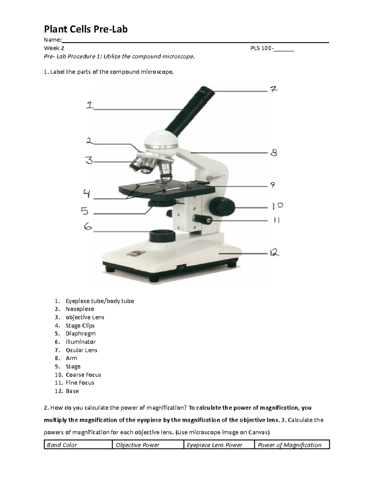 Pre Cells Lab Assignment - Plant Cells Pre-Lab Name: Week 2 PLS 100 ...