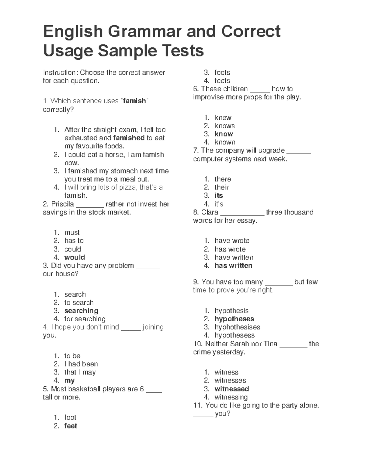 English Grammar and Correct Usage Sample Tests - English Grammar and ...