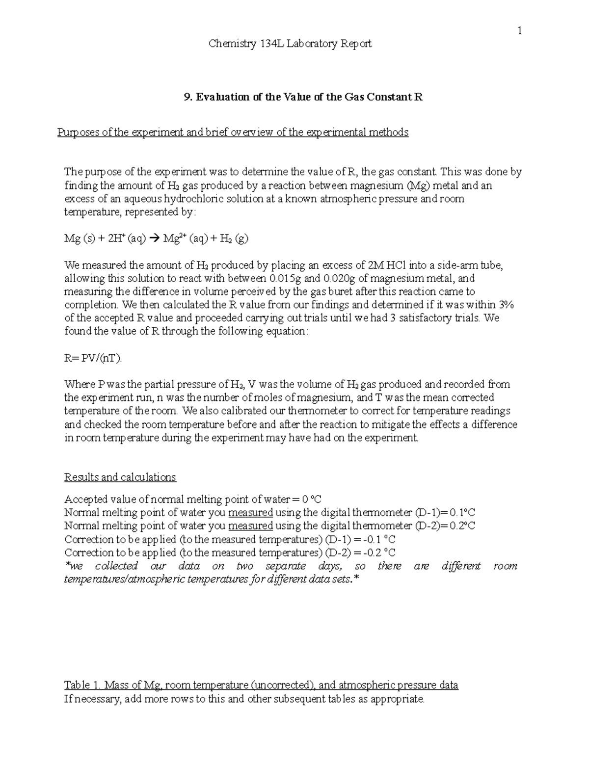 Ex 9 Gas Constant Lab report 10 Chemistry 134L Laboratory Report