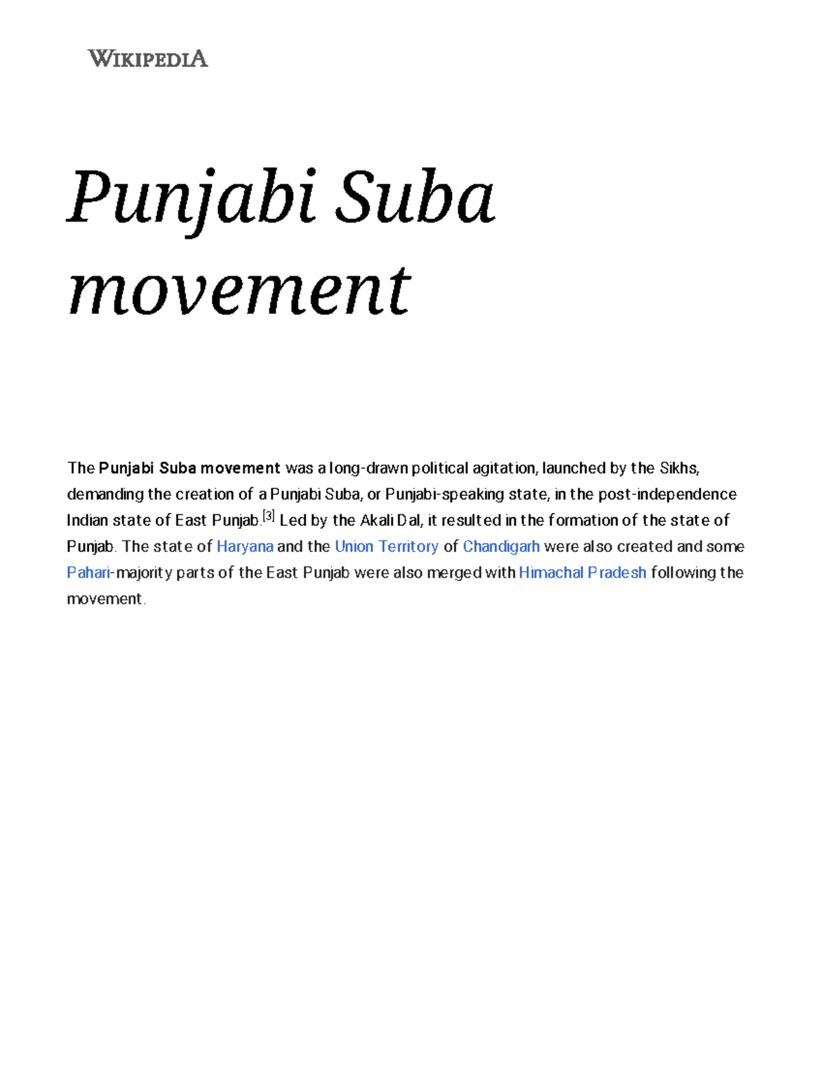 Punjabi Suba movement Wikipedia Punjabi Suba movement T he T he