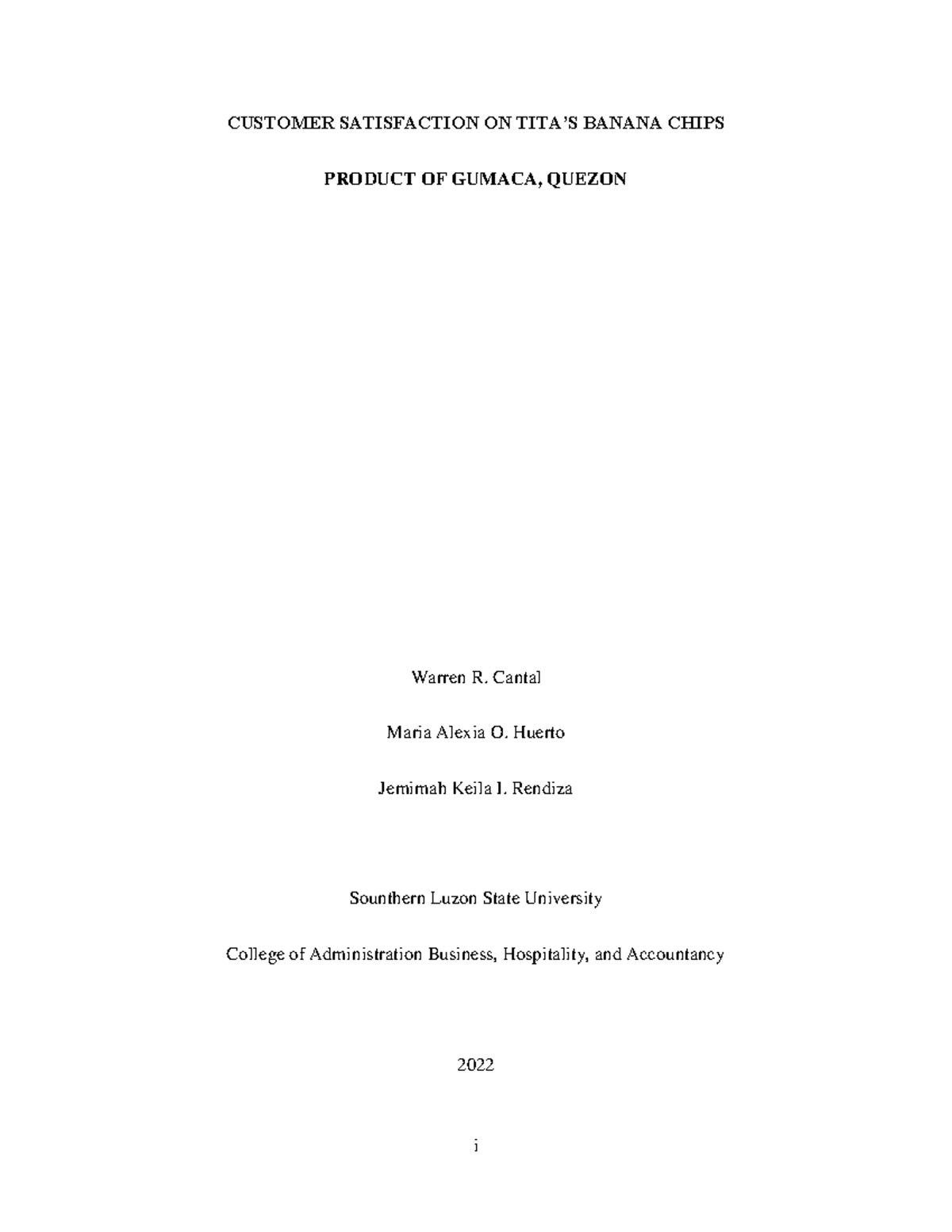 Customer Satisfaction ON TITA'S Banana Chips Product OF Gumaca, Quezon