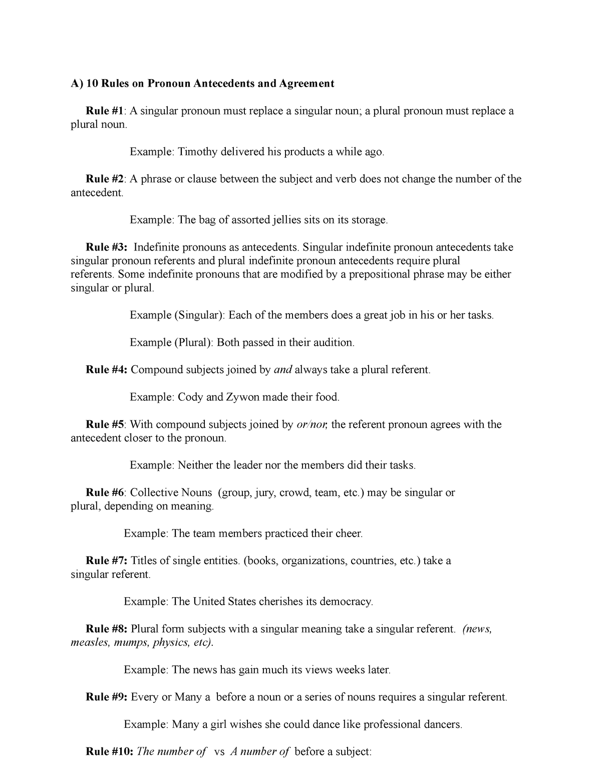 10 Rules Of Pronoun Antecedents And Agreement A 10 Rules On Pronoun 