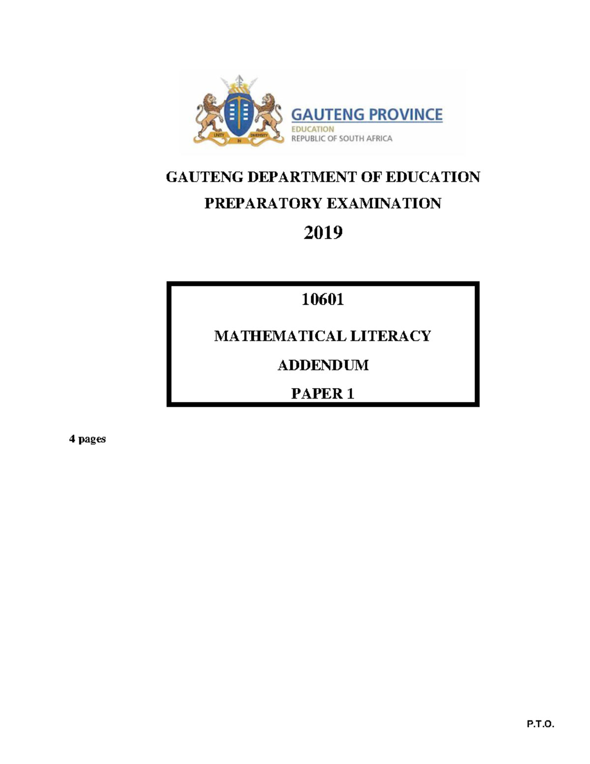 Grade 12 NSC Mathematics Literacy P1 (English) 2019 Preparatory ...