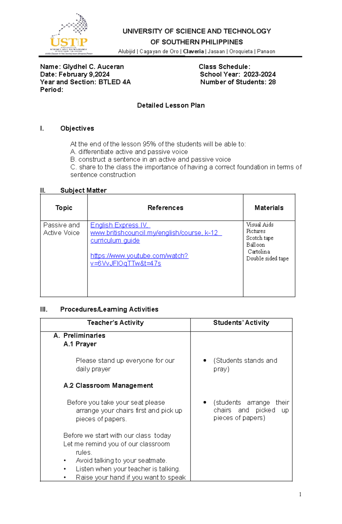 DLP DEMO - guiding plan for tle majors - Name: Glydhel C. Auceran Class ...