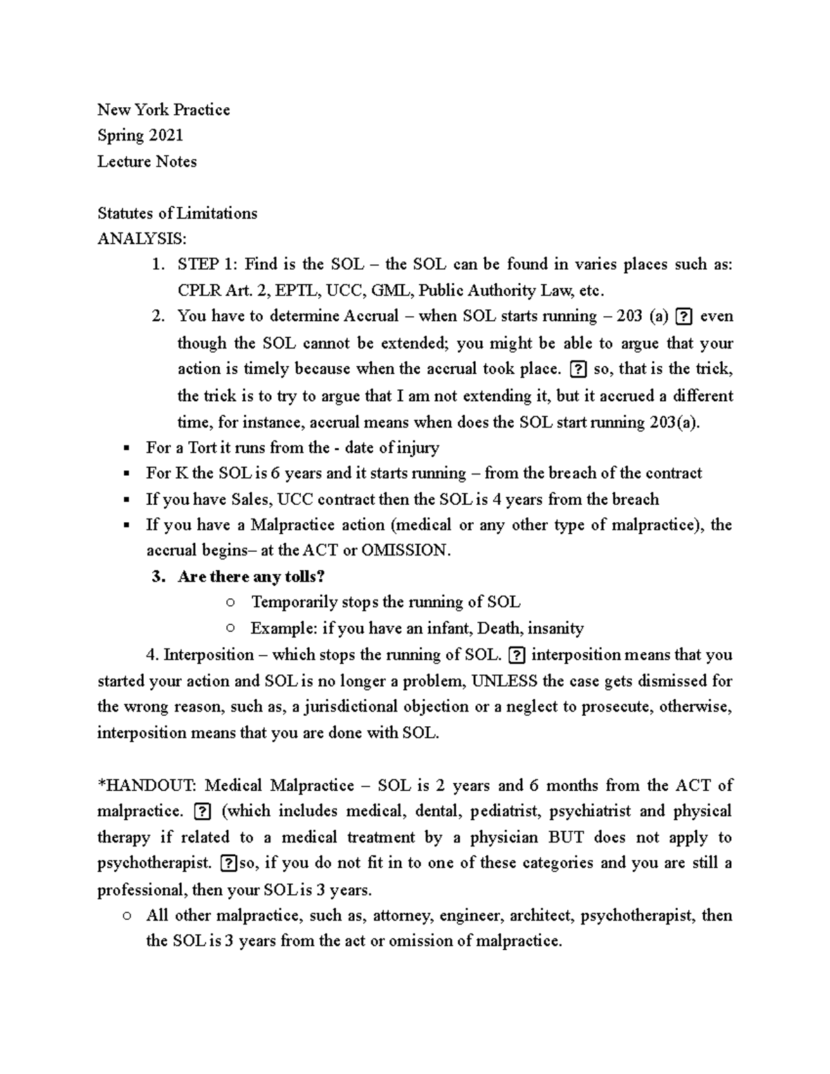Statutes of Limitations Analysis New York Practice Spring 2021