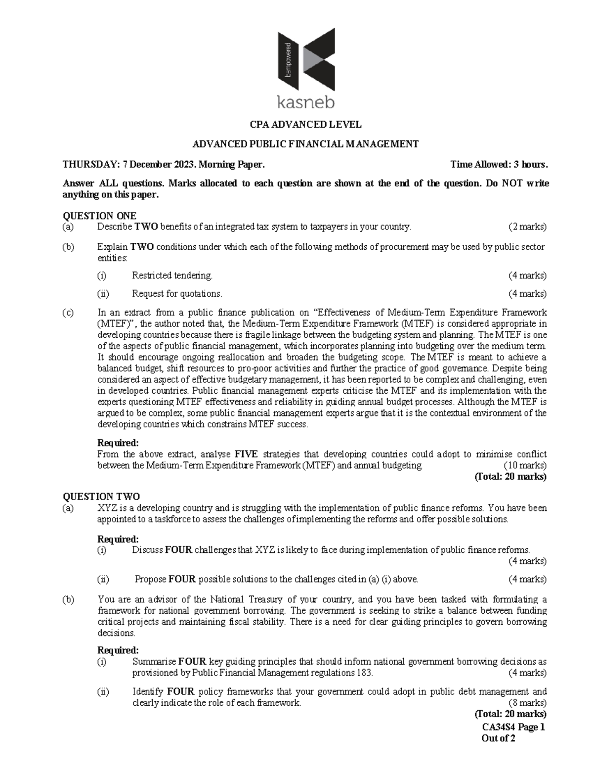 CA34S4 Advanced Public Financial Management - CA34S4 Page 1 Out of 2 ...