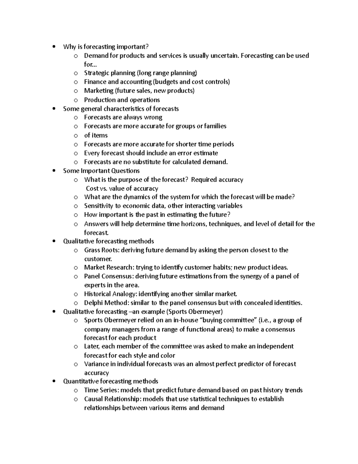 Forecasting Models - Why is forecasting important? o Demand for ...