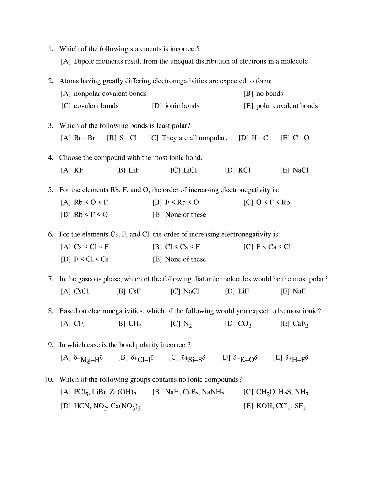 Bonding Practice Test Chapter 8 and 9 AP Chemistry - Which of the ...